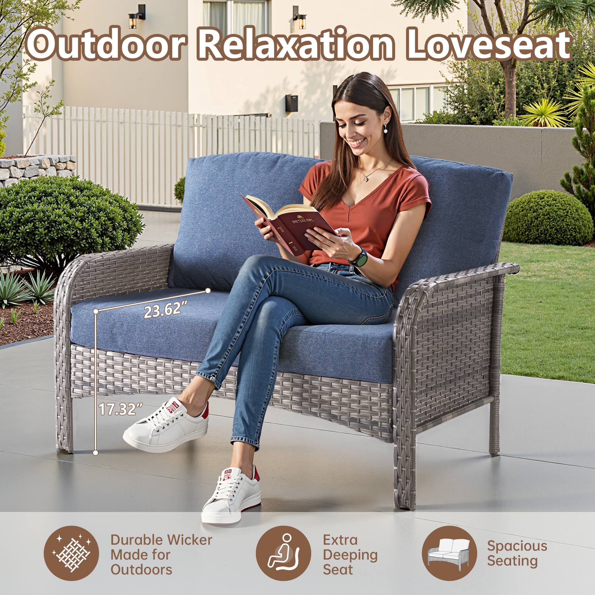 Outdoor Relaxation Loveseat

- Durable Wicker Made for Outdoors
- Extra Deeping Seat
- Spacious Seating

Dimensions:
- 23.62"
- 17.32"