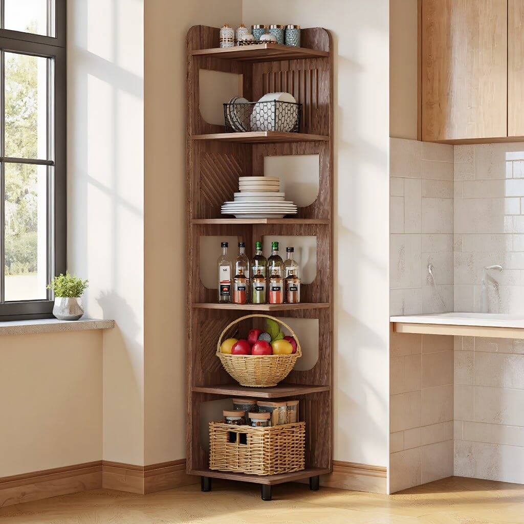 Back. Kadyn - Kadyn Wooden Corner Display Shelf, 5-Tier Storage for Living Room, Brown, Space-Saving Solution, Brown - Brown.