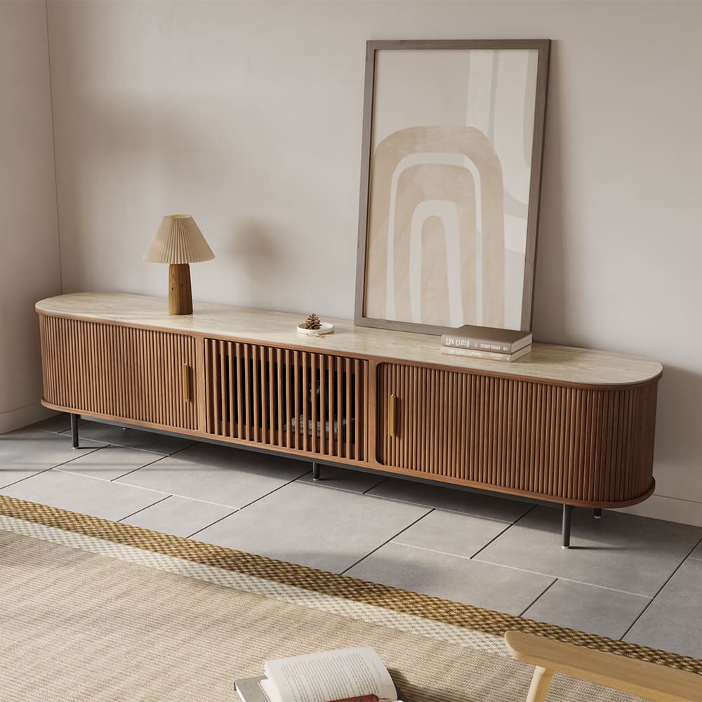 Photos - Mount/Stand Modern POVISON - 94"Mid-Century  Sintered Stone Tabletop TV Stand - Walnut with Sintered Stone TS8136WC240DS 