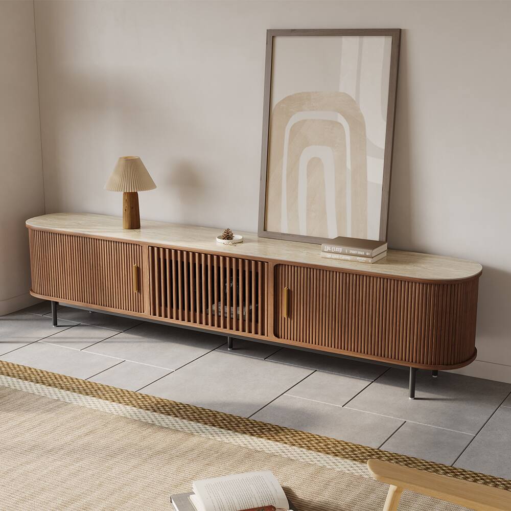 POVISON - 94"Mid-Century Modern Sintered Stone Tabletop TV Stand - Walnut with Sintered Stone