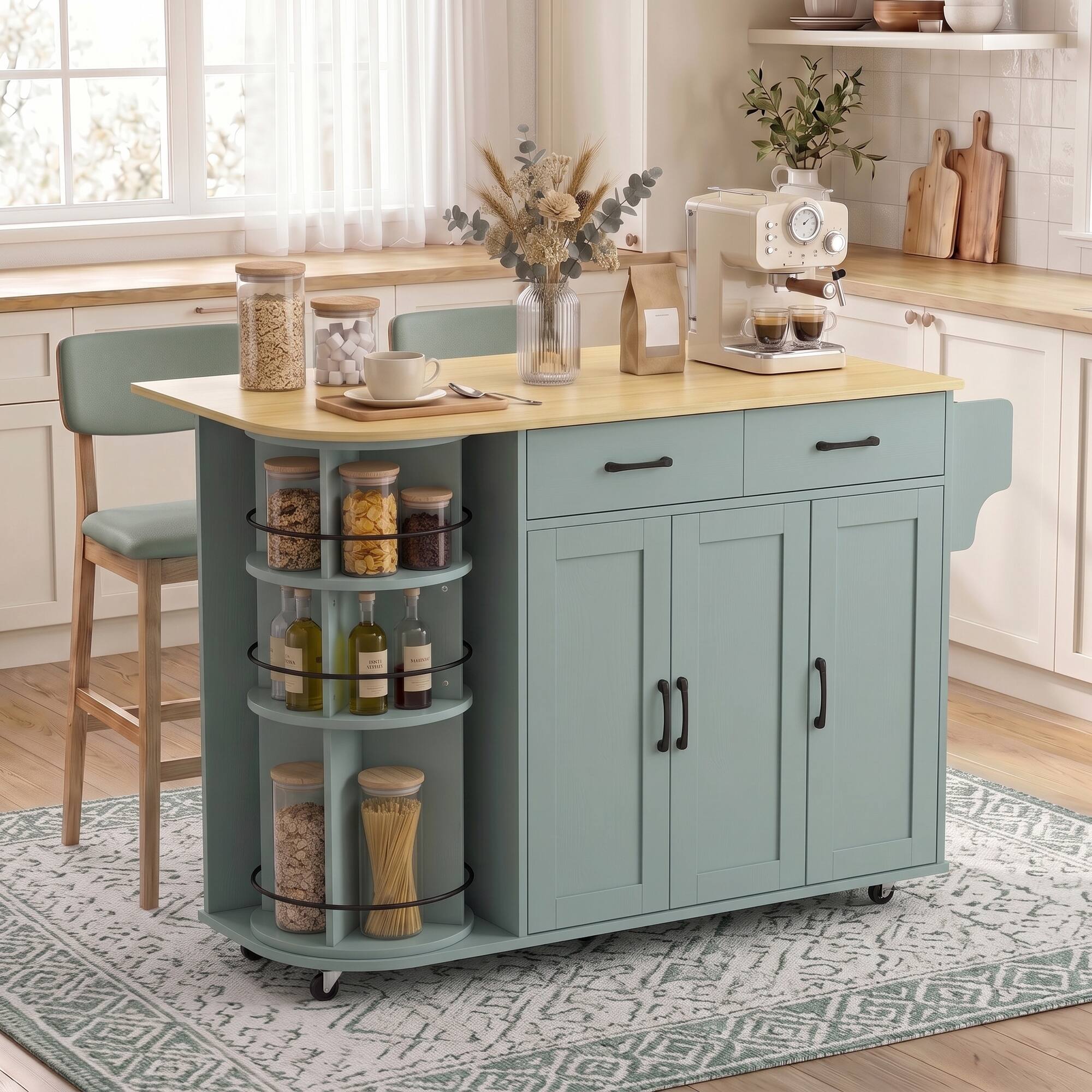 Alt View 1. Homcom - Kitchen Island with Power Outlet and Drop Leaf, Kitchen Cart on Wheels with 360° Rotating Rack - Sage green.