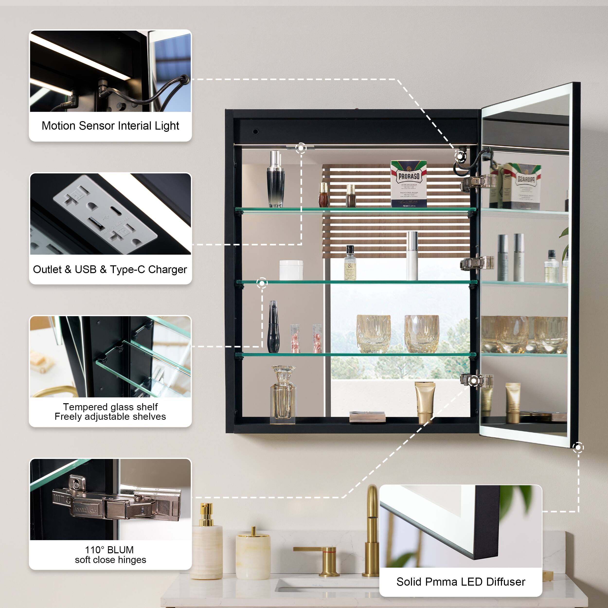 Motion Sensor Inertial Light  
PRORASO SA - Outlet & USB & Type-C Charger  
Tempered glass shelf  
Freely adjustable shelves  
110° BLUM soft close hinges  
Solid PMMA LED Diffuser