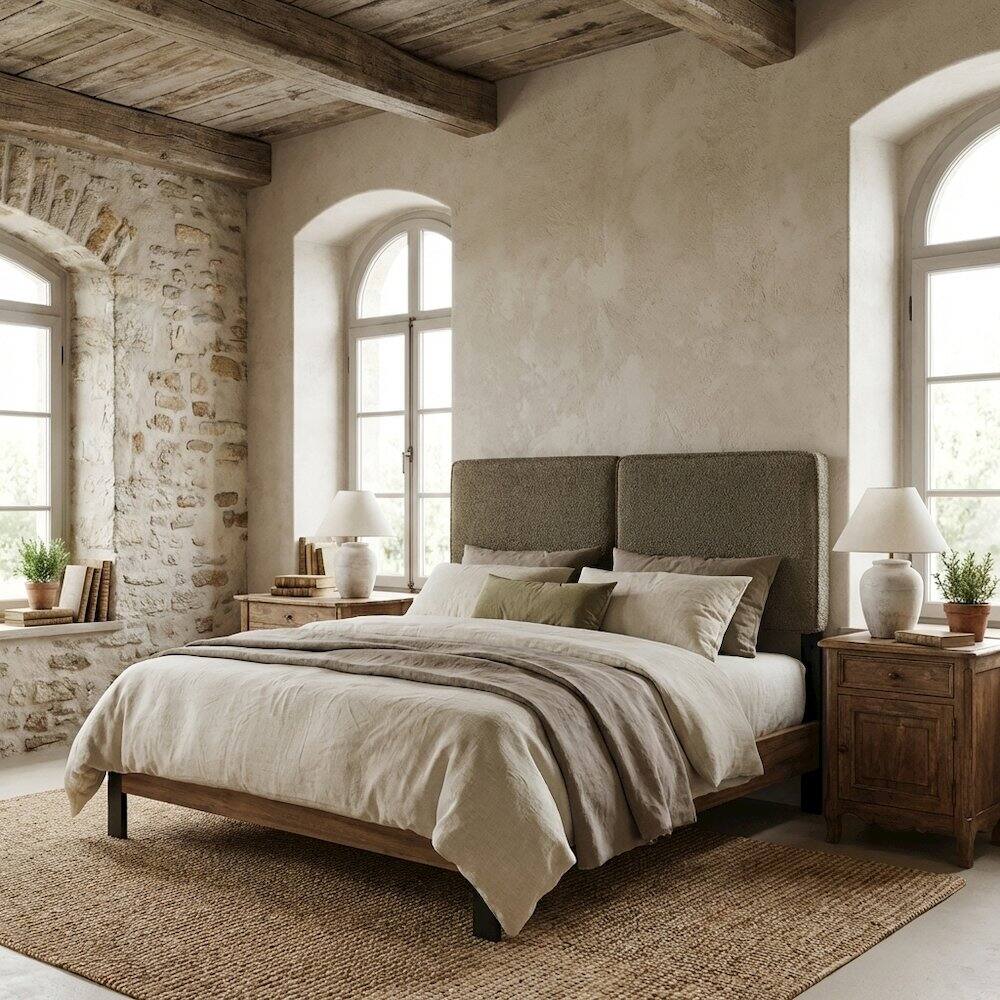 Angle. FurniFact - Boucle Fabric King Headboard with Soft Texture and Sturdy Frame Design - Green.