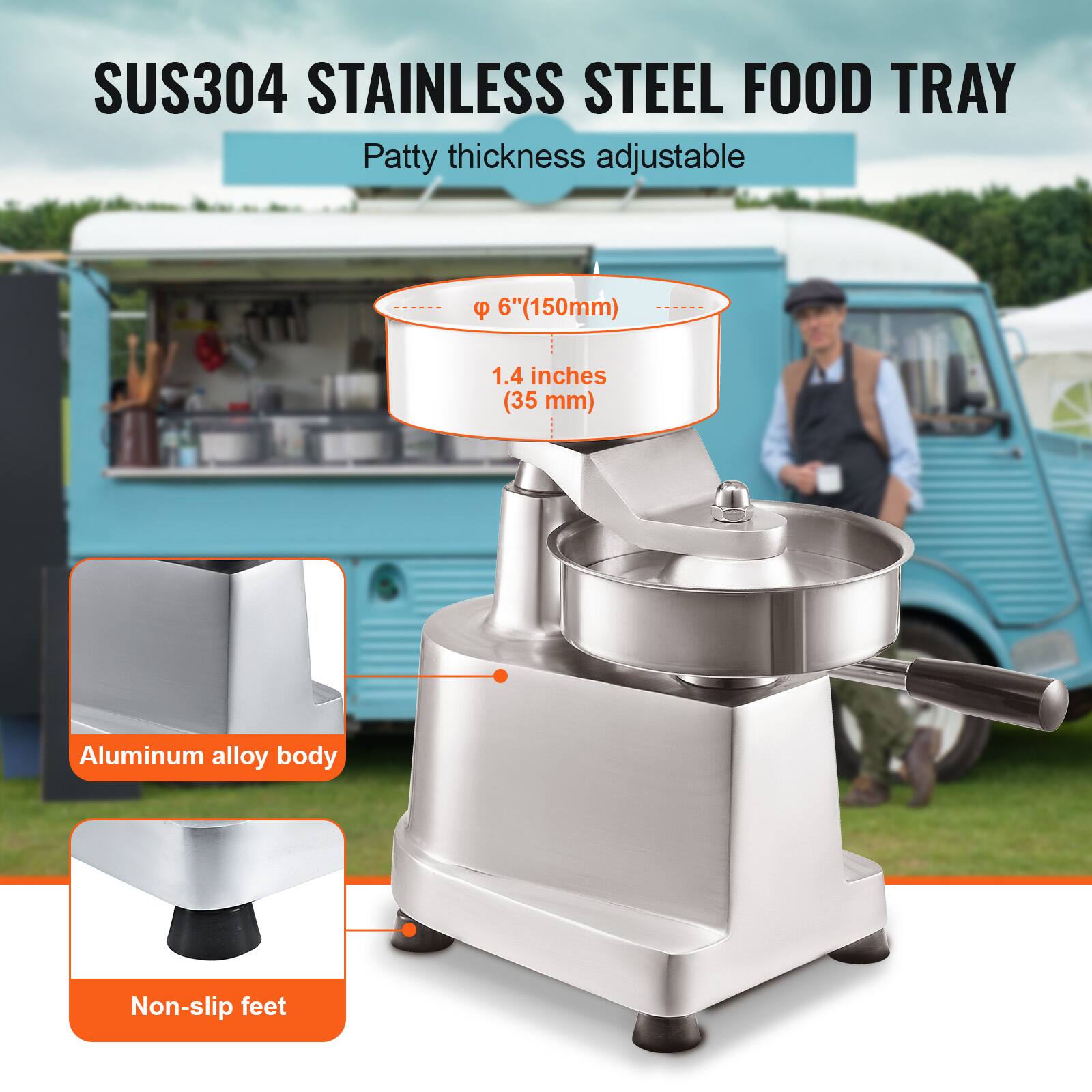 SUS304 Stainless Steel Food Tray  
Patty thickness adjustable  

- Ø 6" (150mm)  
- 1.4 inches (35 mm)  
- Aluminum alloy body  
- Non-slip feet
