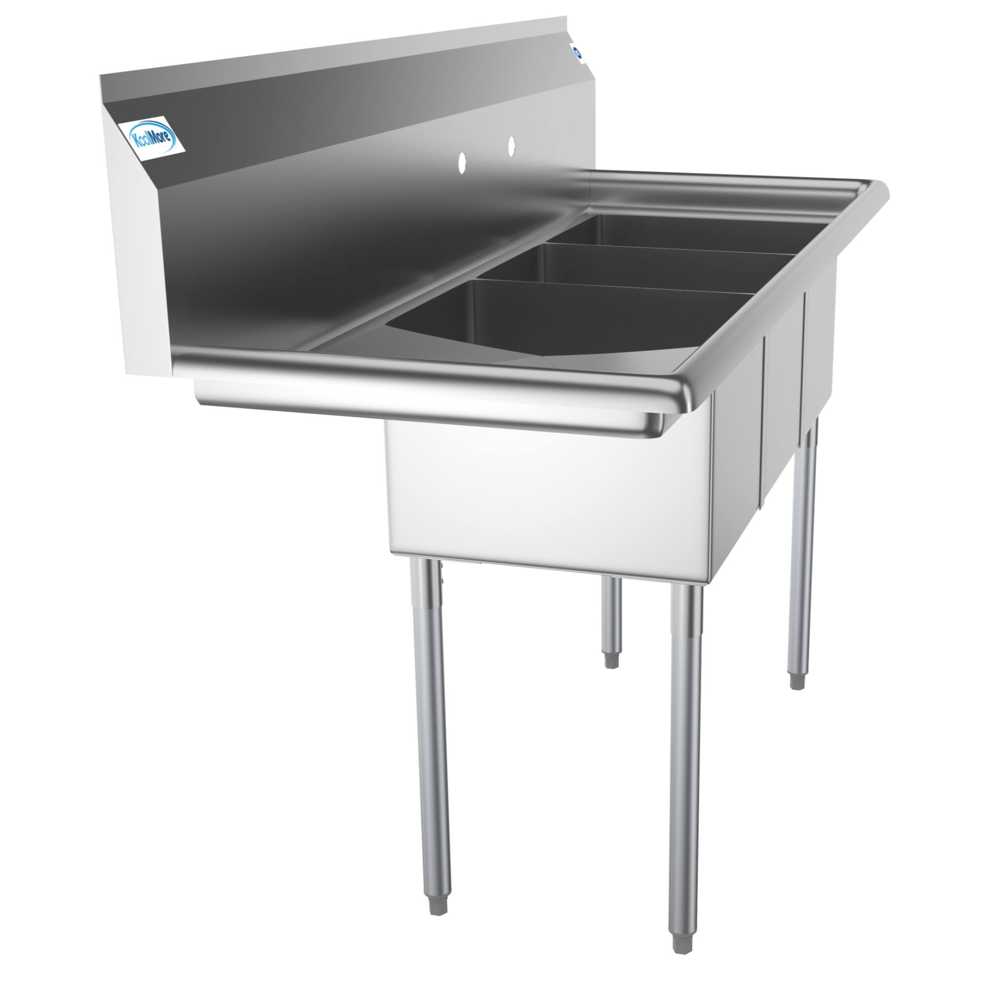 Angle. Koolmore - 55 in. Three Compartment Stainless Steel  Sink with Drainboard, Bowl Size 12"x 16"x 10" SC121610-16L3. - Stainless Steel.