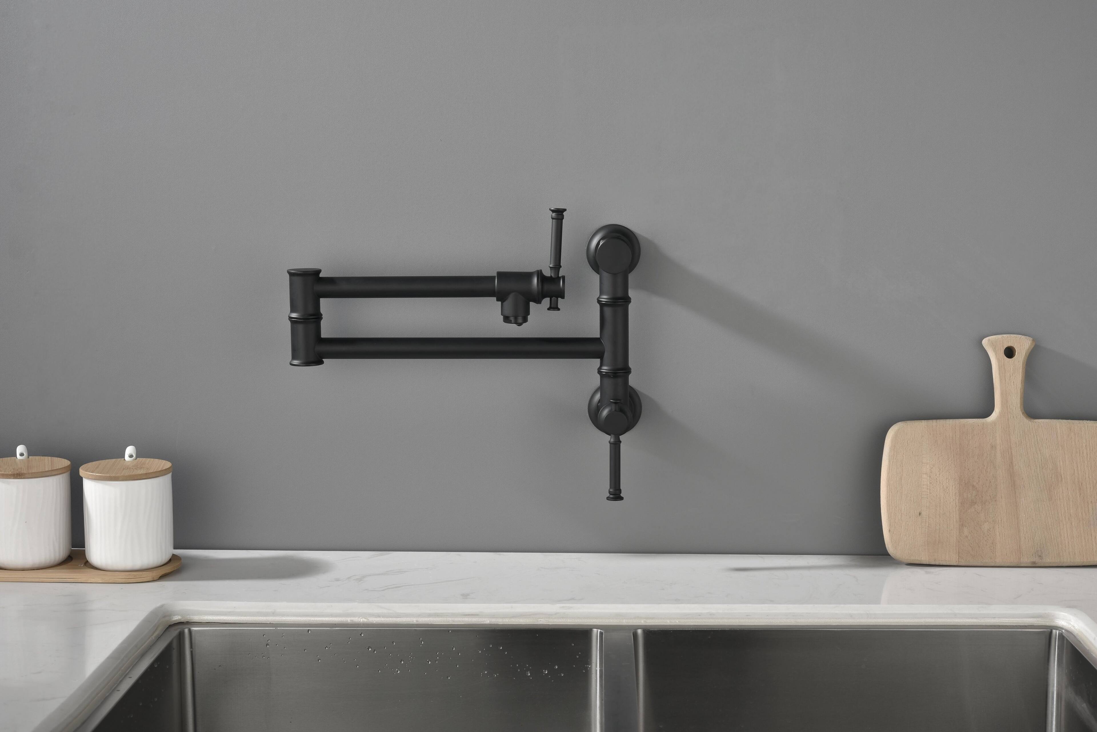 Alt View 5. Siljoy - Wall mounted Pot Filler Faucet, Modern Brass Pot Filler Two-Attachment Wall Mount Folding Kitchen Pot Filler Swing Arm - Matte Black.