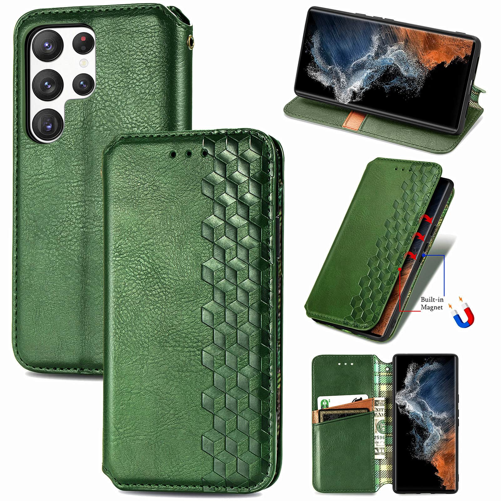 Dteck - Magnetic Wallet Case For Samsung Galaxy S26 Ultra, Shockproof PU Leather Flip Folio RFID Blocking Card Cover - Green price history on PriceWatchPro
