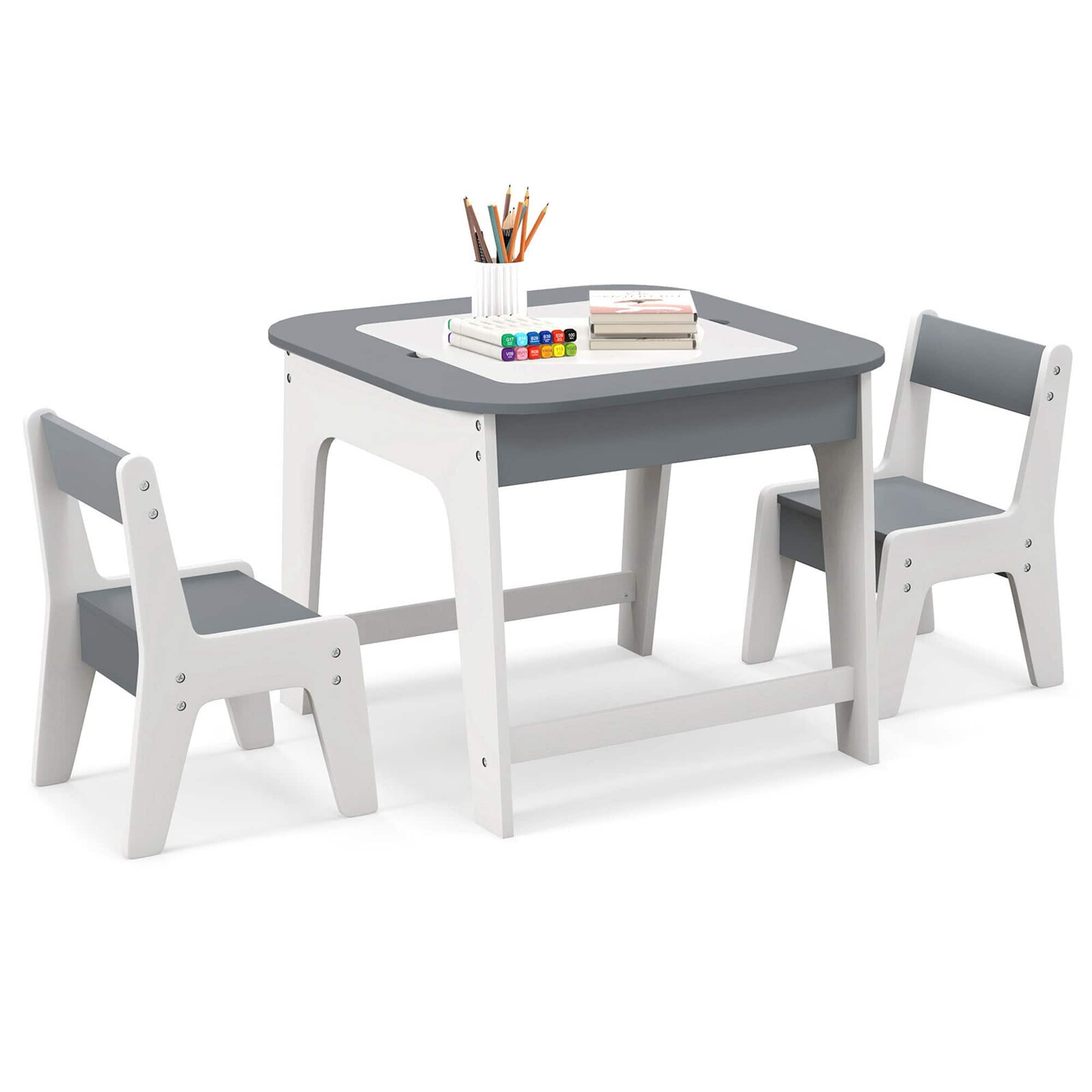 Gymax - 3-in-1 Kids Wooden Table & 2 Chairs Set w/ Storage Detachable Blackboard Drawing - Gray price history on PriceWatchPro