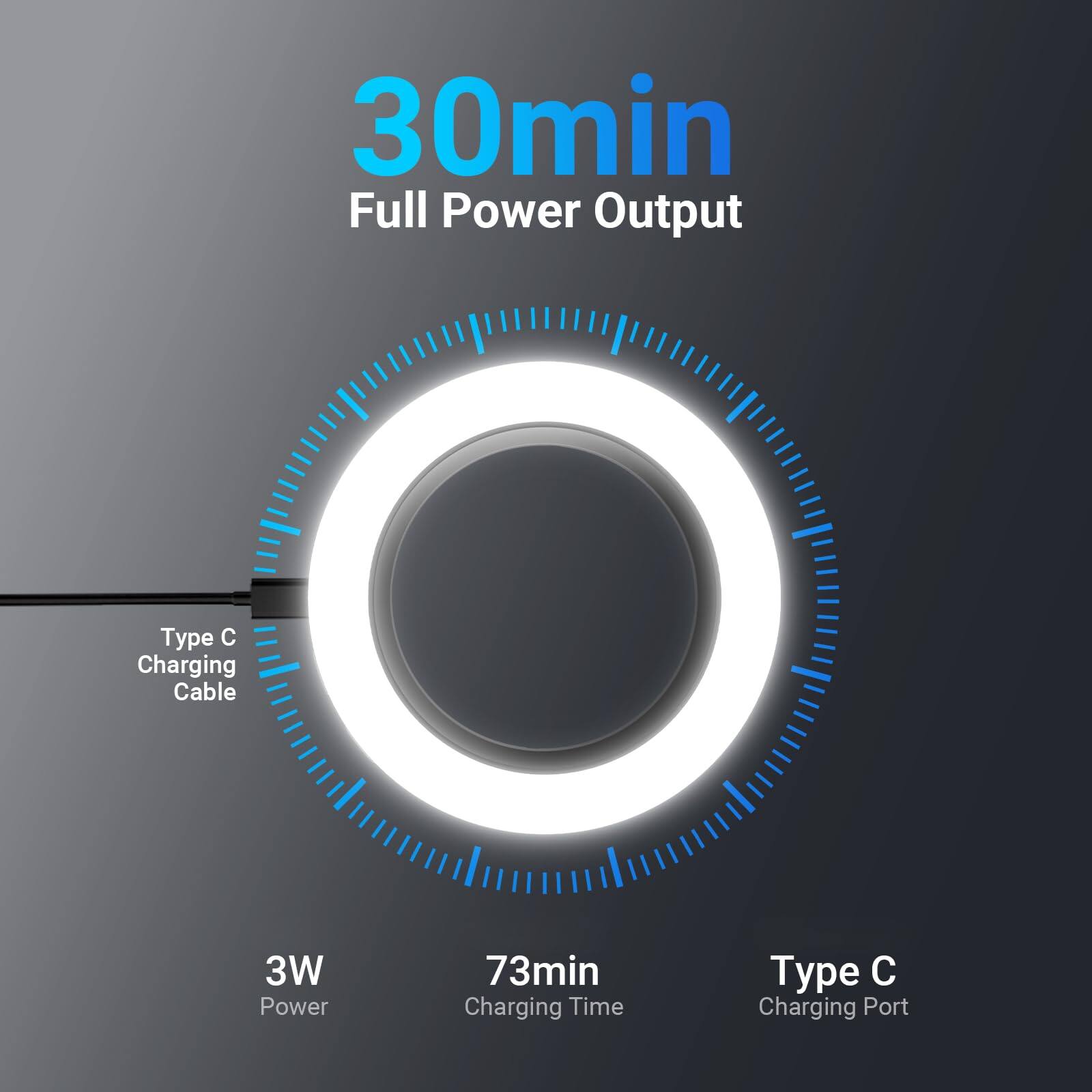 30min Full Power Output  
Type C Charging Cable  
3W Power  
73min Charging Time  
Type C Charging Port