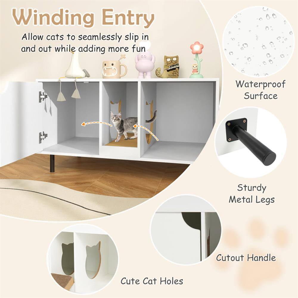 Winding Entry  
Allow cats to seamlessly slip in and out while adding more fun  

Waterproof Surface  
Sturdy Metal Legs  
Cutout Handle  
Cute Cat Holes
