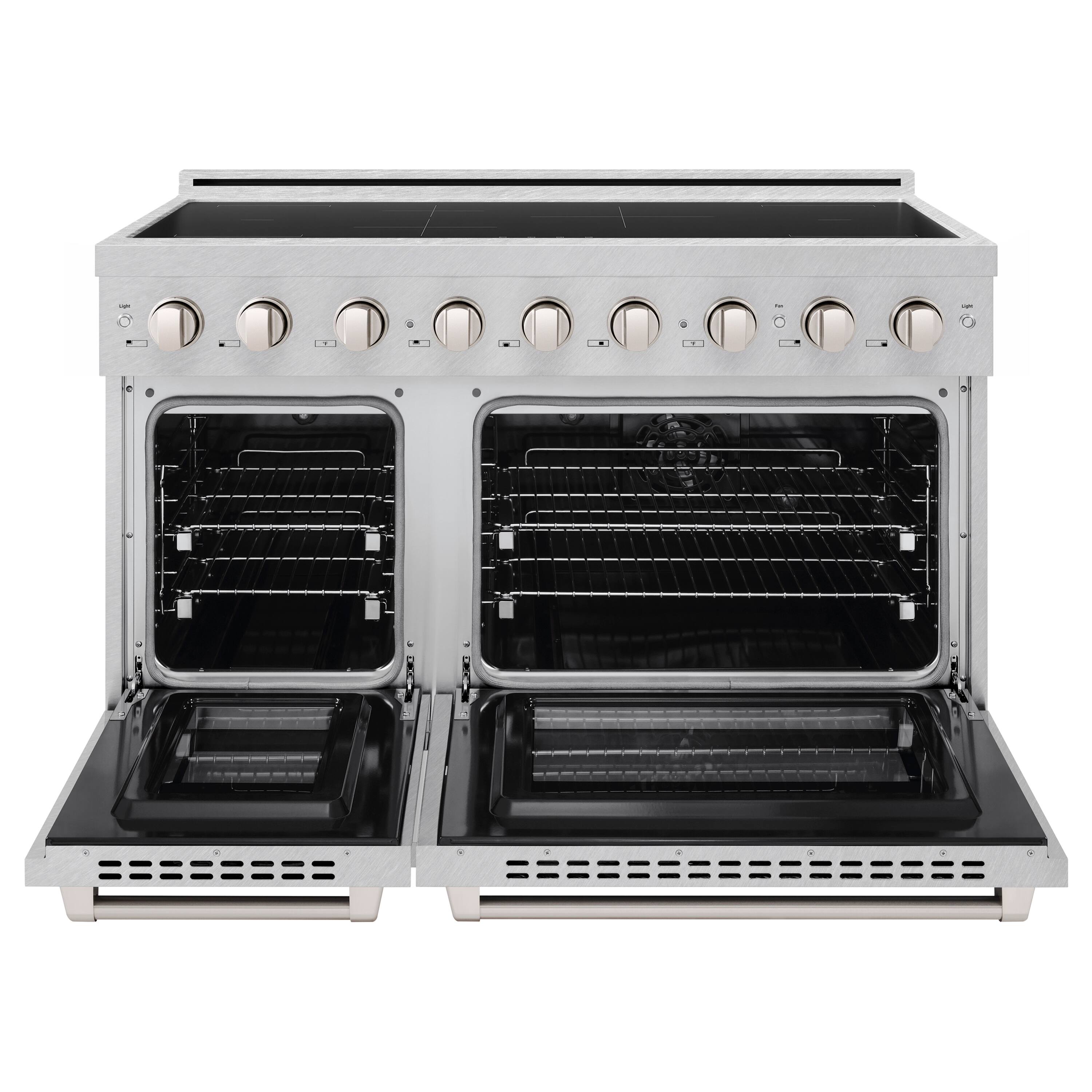 Angle. ZLINE - 48 in. 6.7 cu. ft. Paramount Freestanding Induction Range with 7 Element Cooktop & Dual Ovens in Satin Stainless Steel - DuraSnow Stainless Steel.