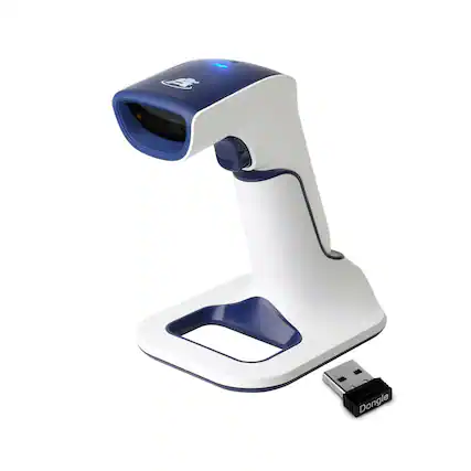 Front. ScanAvenger - ScanAvenger SA3600 1D Wireless Barcode Scanner – Bluetooth, Wi-Fi, USB, Handheld/on-Counter - Blue and White.