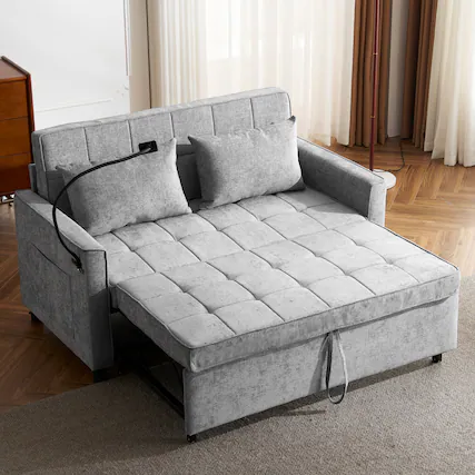 Front. Anysun - 56.9" Loveseat Pull-Out Sofa Bed with USB Ports - Reversible Cushion, Side Pockets & Phone Holder for Living Room - Grey.