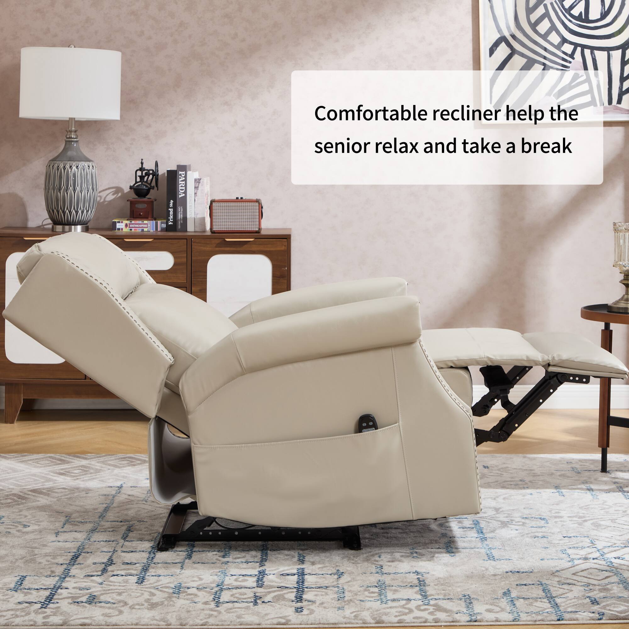 Comfortable recliner helps the senior relax and take a break.