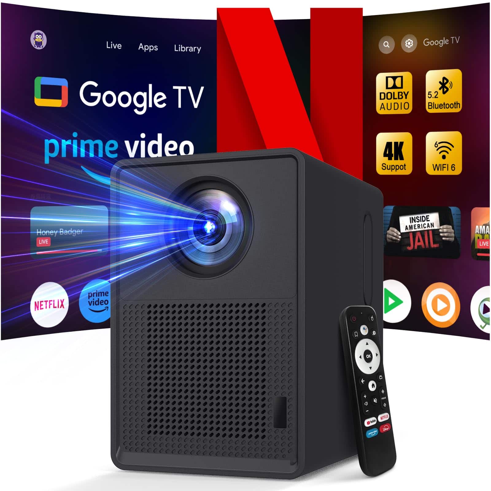 The Best Inks - Mini Projector With Android 13 - 2025 Portable Movie Wifi 6 5.2: Built-in Apps 4k/1080p Support Auto Keystone 180° - D-Google TV System