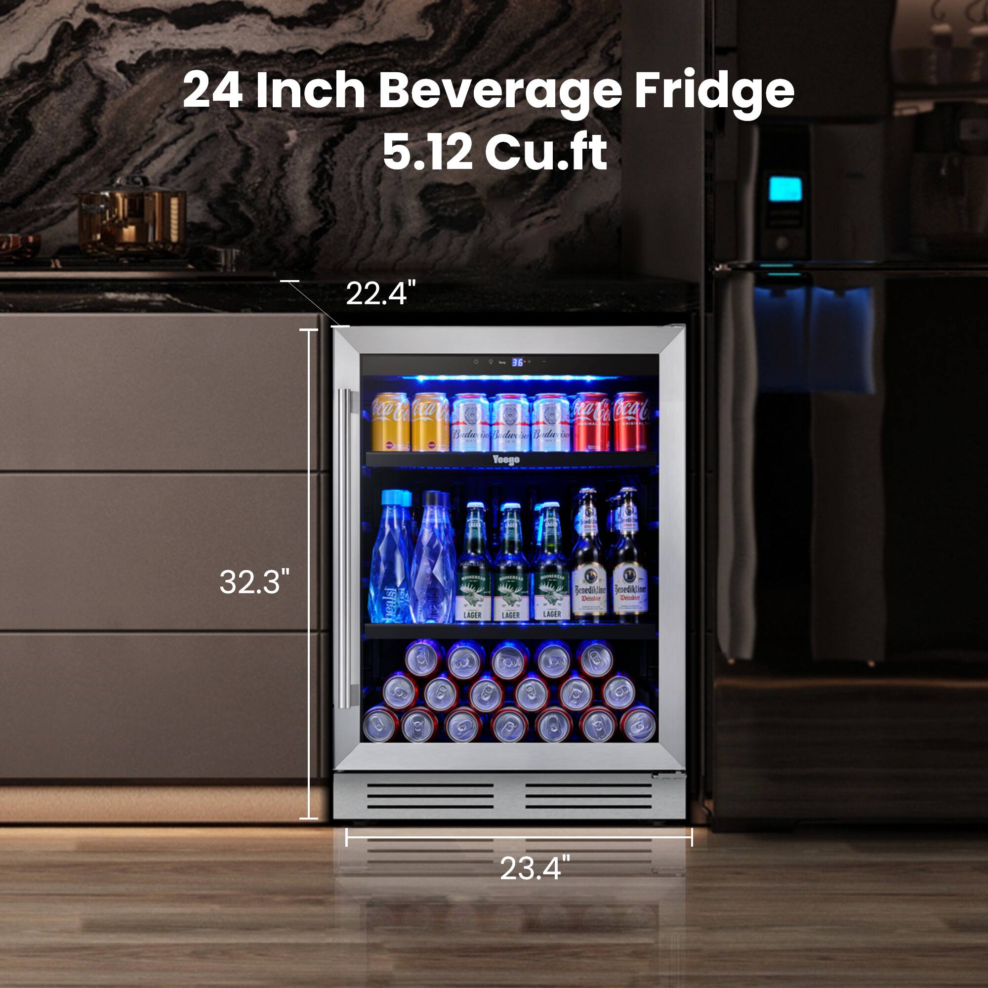 24 Inch Beverage Fridge 5.12 Cu.ft 22.4" 32.3" 23.4"