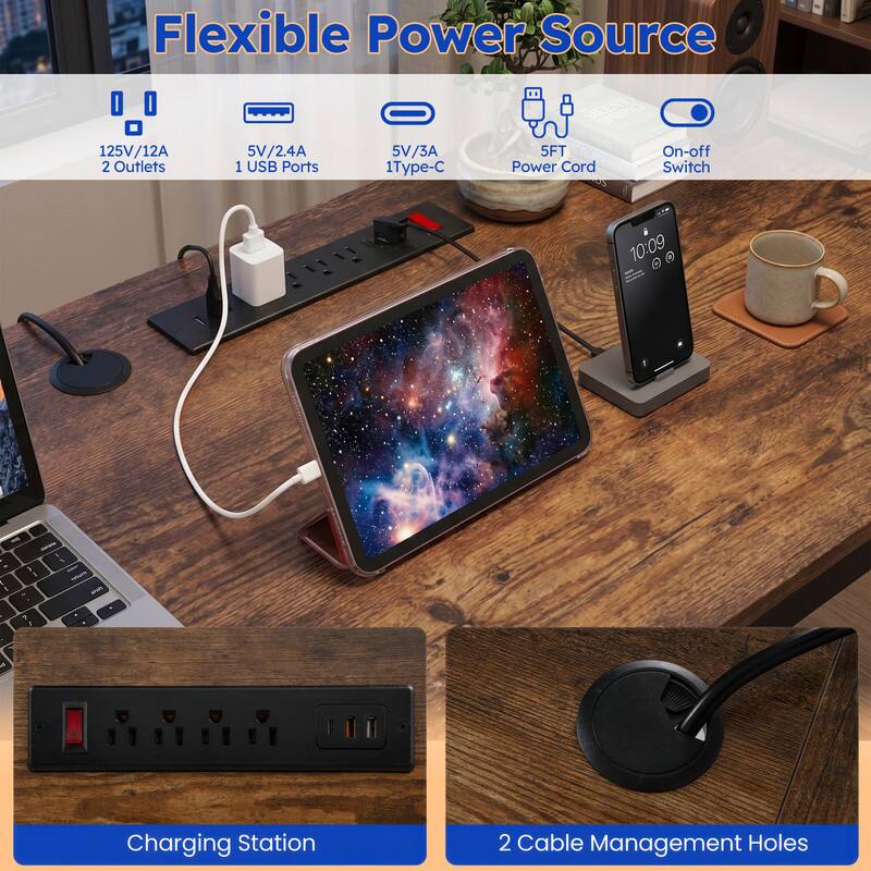 Flexible Power Source  
125V/12A  
2 Outlets  
5V/2.4A  
1 USB Ports  
5V/3A  
1 Type-C  
5FT Power Cord  
On-off Switch  

10:09  

Charging Station  
2 Cable Management Holes