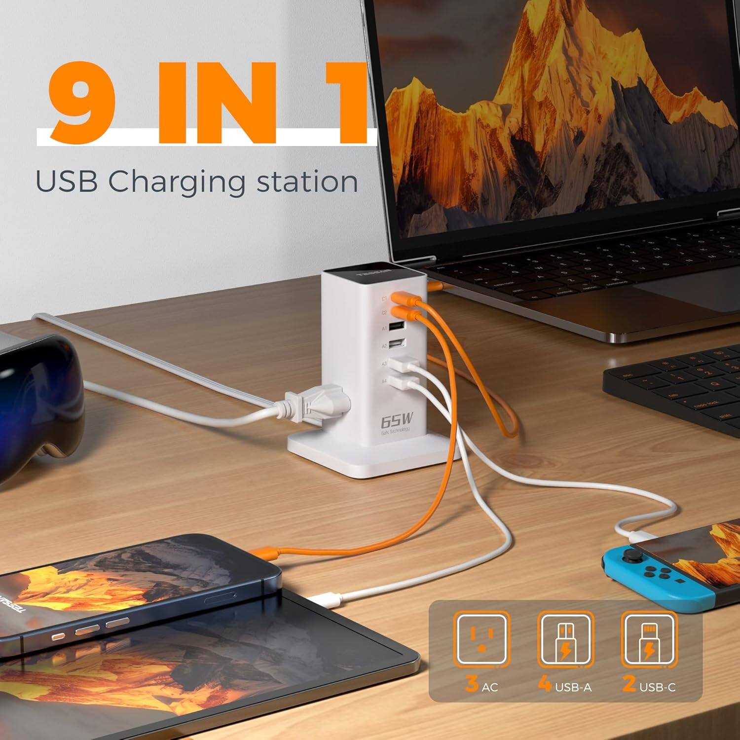 9 IN 1 USB Charging station  
CaMLM  
65W  
Semotar  
3 AC  
4 USB-A  
2 USB-C