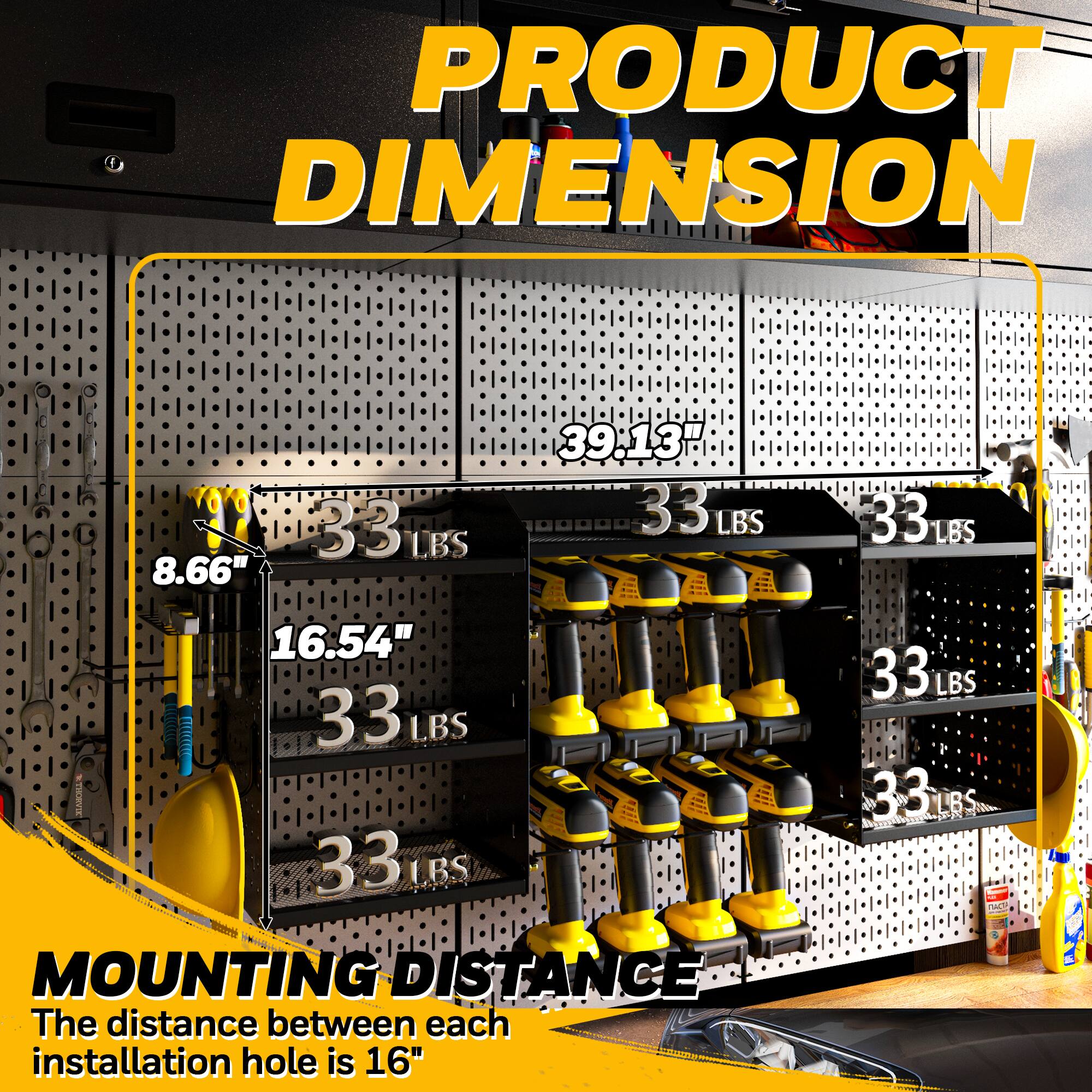 PRODUCT DIMENSION  
8.66" x 39.13" x 16.54"  
33 LBS  

MOUNTING DISTANCE  
The distance between each installation hole is 16"