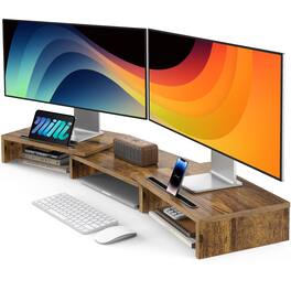 Refined Abode Design - Dual Monitor Stand Riser For 2 Monitors Desk Adjustable Computer With 2 Slot Multifunctional Desktop Organi - Rustic Brown