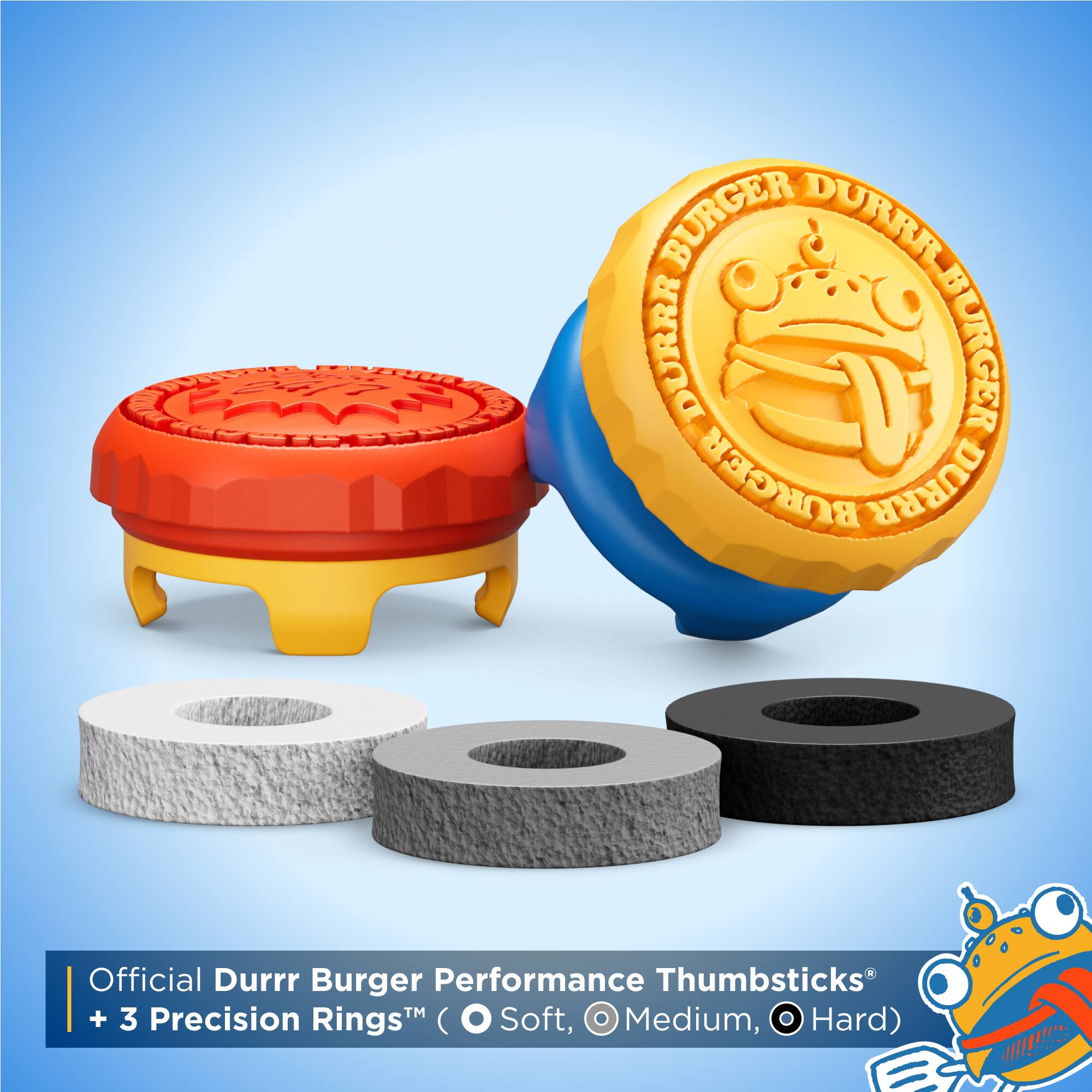 DONG  
BURGER DURRR DURRR BURGER DURRR BURGER  
Official Durrr Burger Performance Thumbsticks + 3 Precision Rings™ (O Soft, O Medium, O Hard)