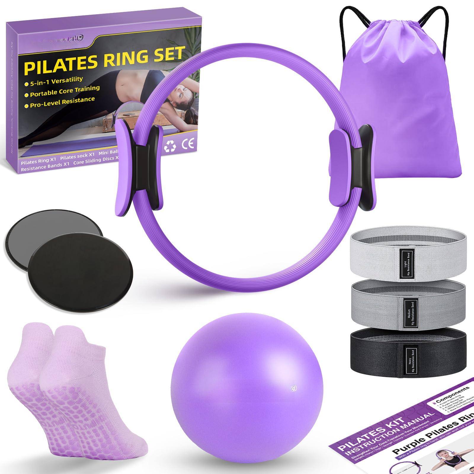 PILATES RING SET

- 5-in-1 Versatility
- Portable Core Training
- Pro-Level Resistance

Pilates Ring x1 Pilates sock x1 Mini Ball Resistance Bands x1 Core Sliding Discs x1

Components:
- Pilates Ring
- Pilates sock
- Mini Ball
- Resistance Bands
- Core Sliding Discs

PILATES KIT INSTRUCTION MANUAL

Purple Pilates Ring Set