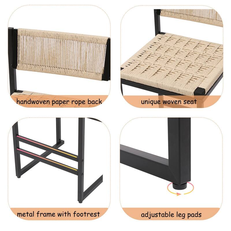 handwoven paper rope back  
unique woven seat  
metal frame with footrest  
adjustable leg pads