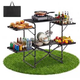 VEVOR - Camping Kitchen Table, Slim-Fold Cook Station, Portable Folding Table, with 4 Side Tables, Heat Resistant Tabletop - Black