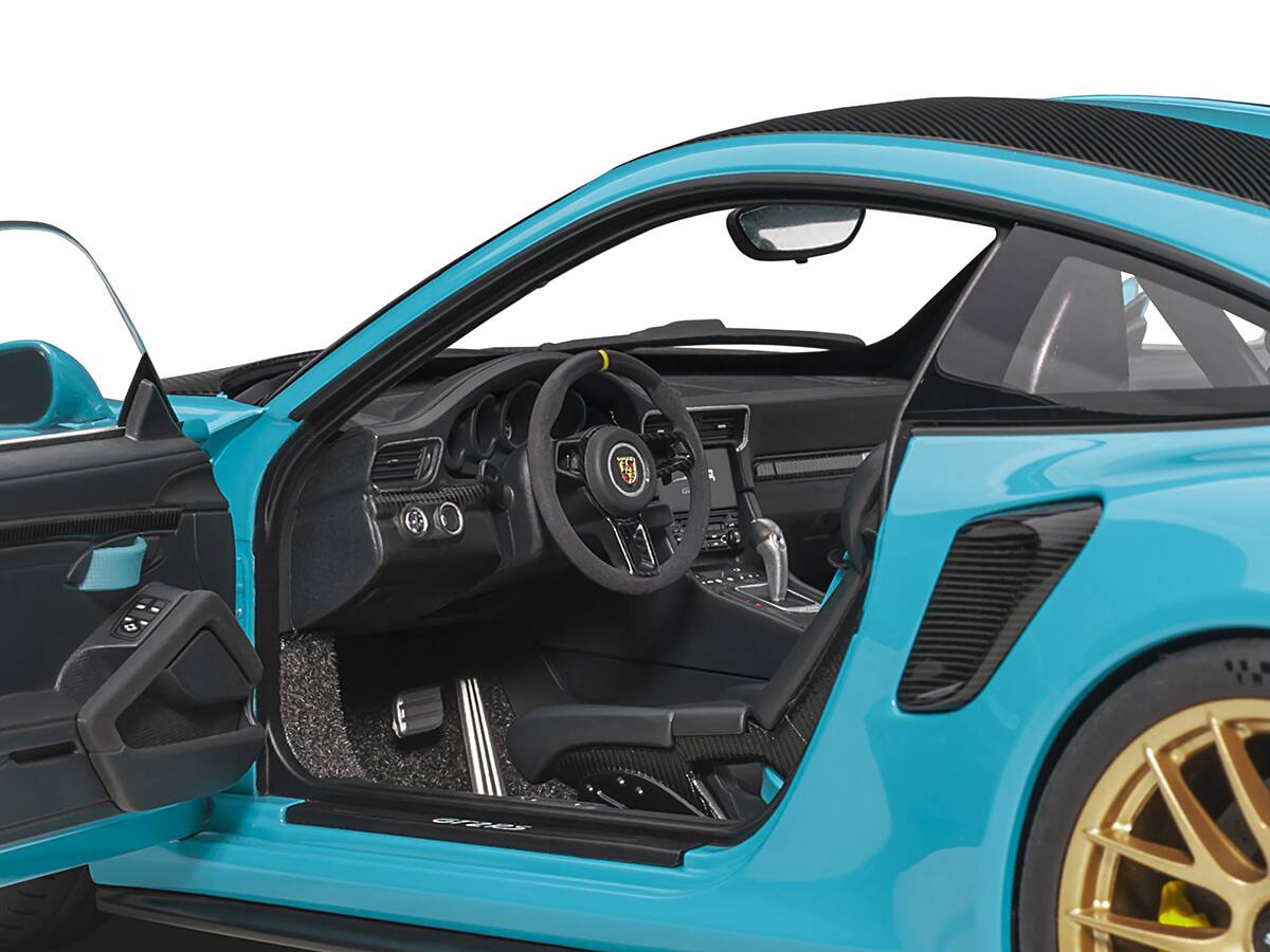 Left. Autoart - Porsche 911 (991.2) GT2 RS Weissach Package Miami Blue with Carbon Stripes 1/18 Model Car by Autoart - Blue With Carbon.