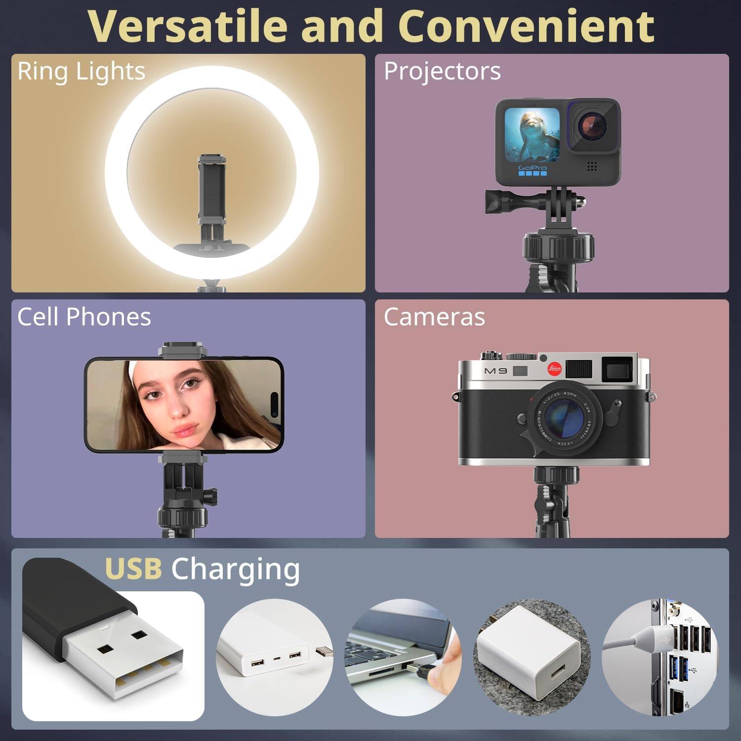 Versatile and Convenient

Ring Lights

Cell Phones

Projectors

Cameras

USB Charging