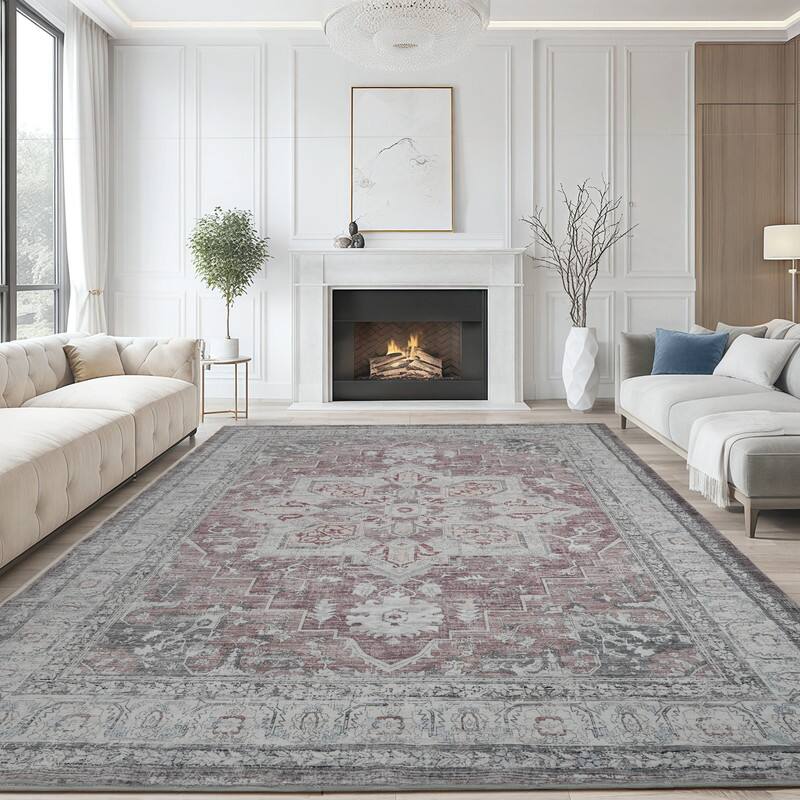 Angle. RYHNUYNE - 9x12 Area Rugs Living Room Rug Washable Vintage Boho Rug No Slip Stain Resistant Soft Carpet Indoor Floor Floral Carpets - Painting.