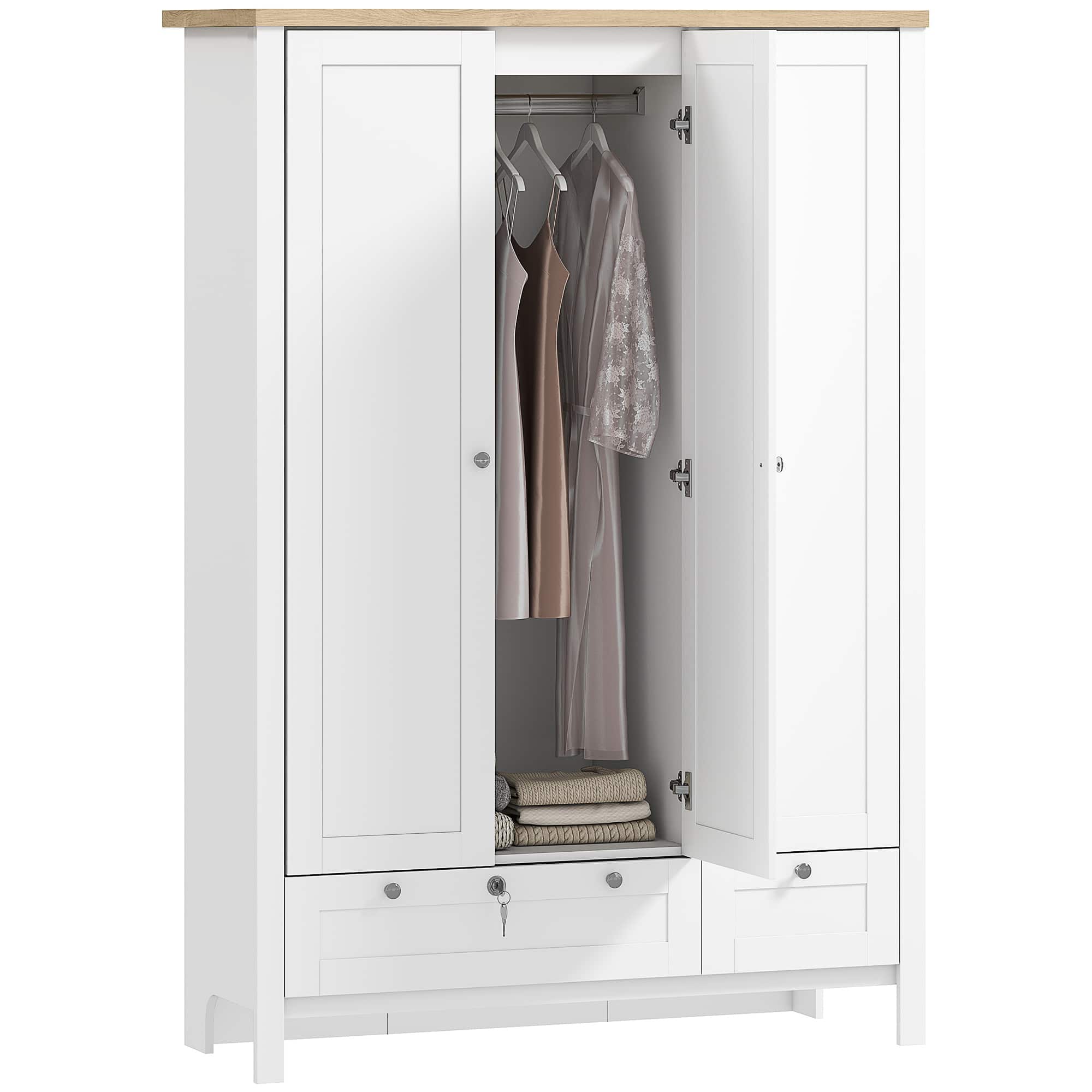 Homcom - Doors Wardrobe Closet with 2 Drawers, Bedroom Armoire with Lockable Drawer - White