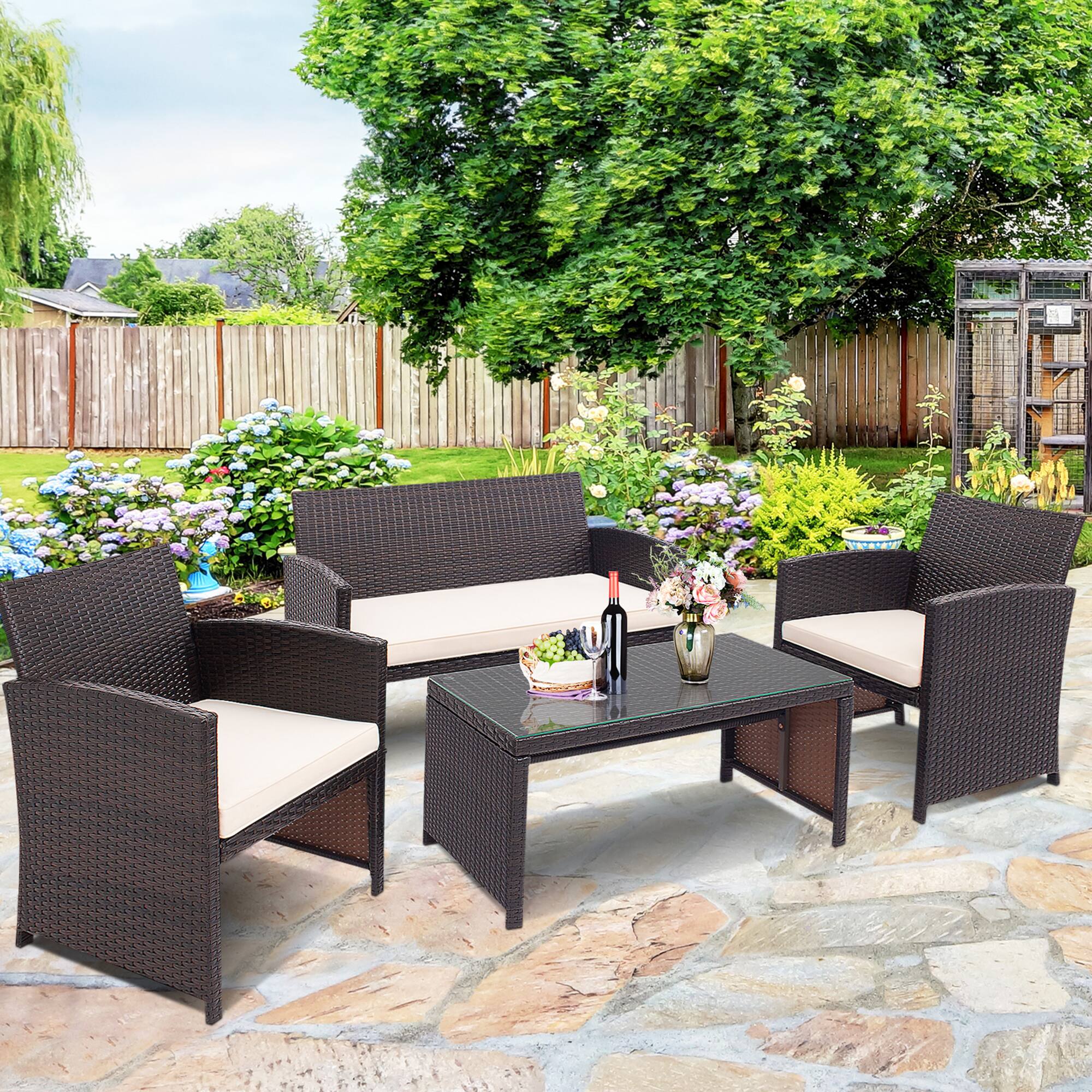 Alt View 3. Gymax - Gymax 8PCS Patio Conversation Set Outdoor Rattan Furniture Set w/ White Cushions - White.