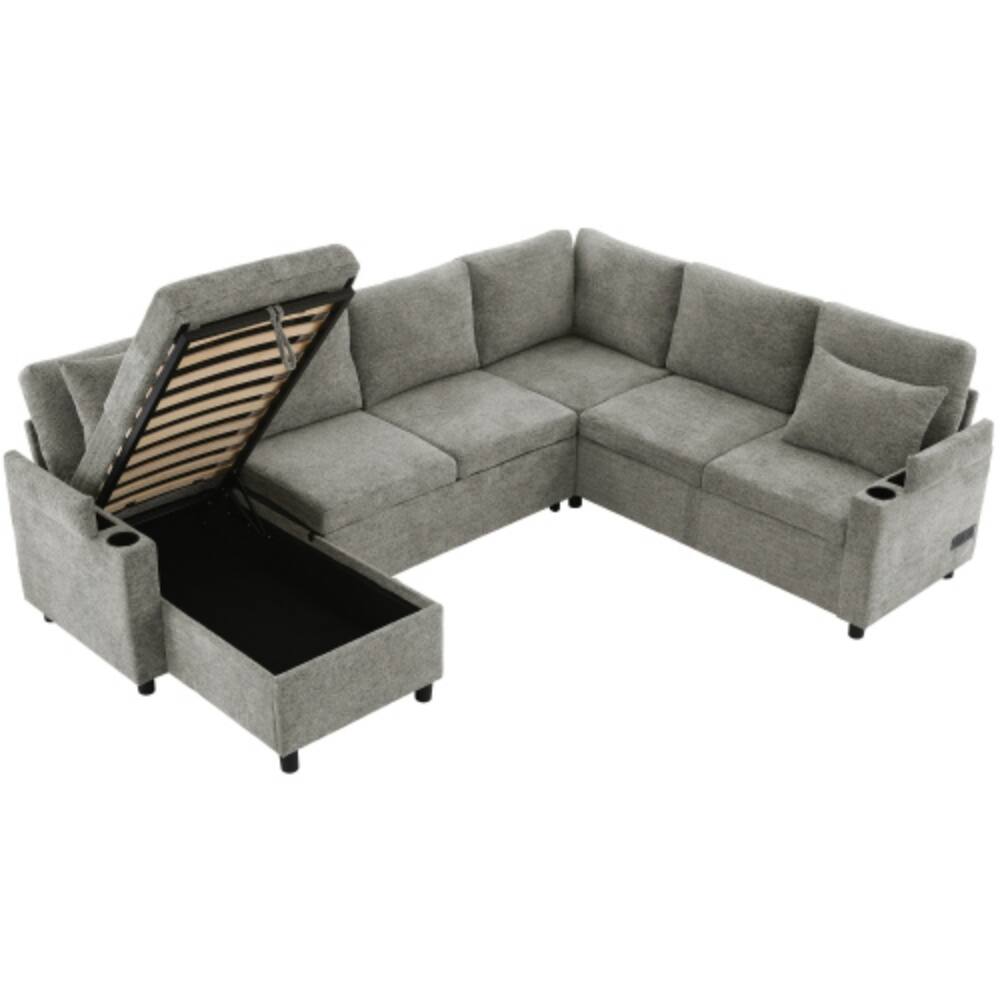 Alt View 6. LUCKY ONE - 109.9" U-Shaped Convertible Sectional Sofa Bed w/ Storage Cup Holders USB Ports - LIGHT GREY.
