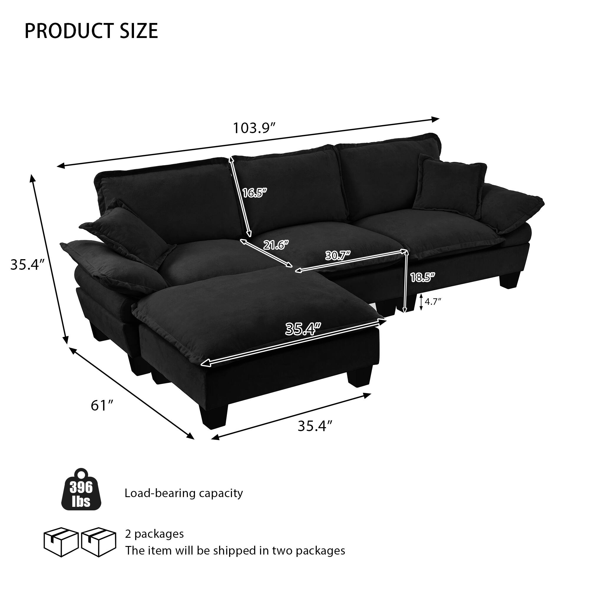 PRODUCT SIZE  
103.9" x 35.4" x 61"  
16.5" x 21.6" x 30.7" x 18.5" x 4.7" x 35.4"  

Load-bearing capacity: 396 lbs  

2 packages  
The item will be shipped in two packages