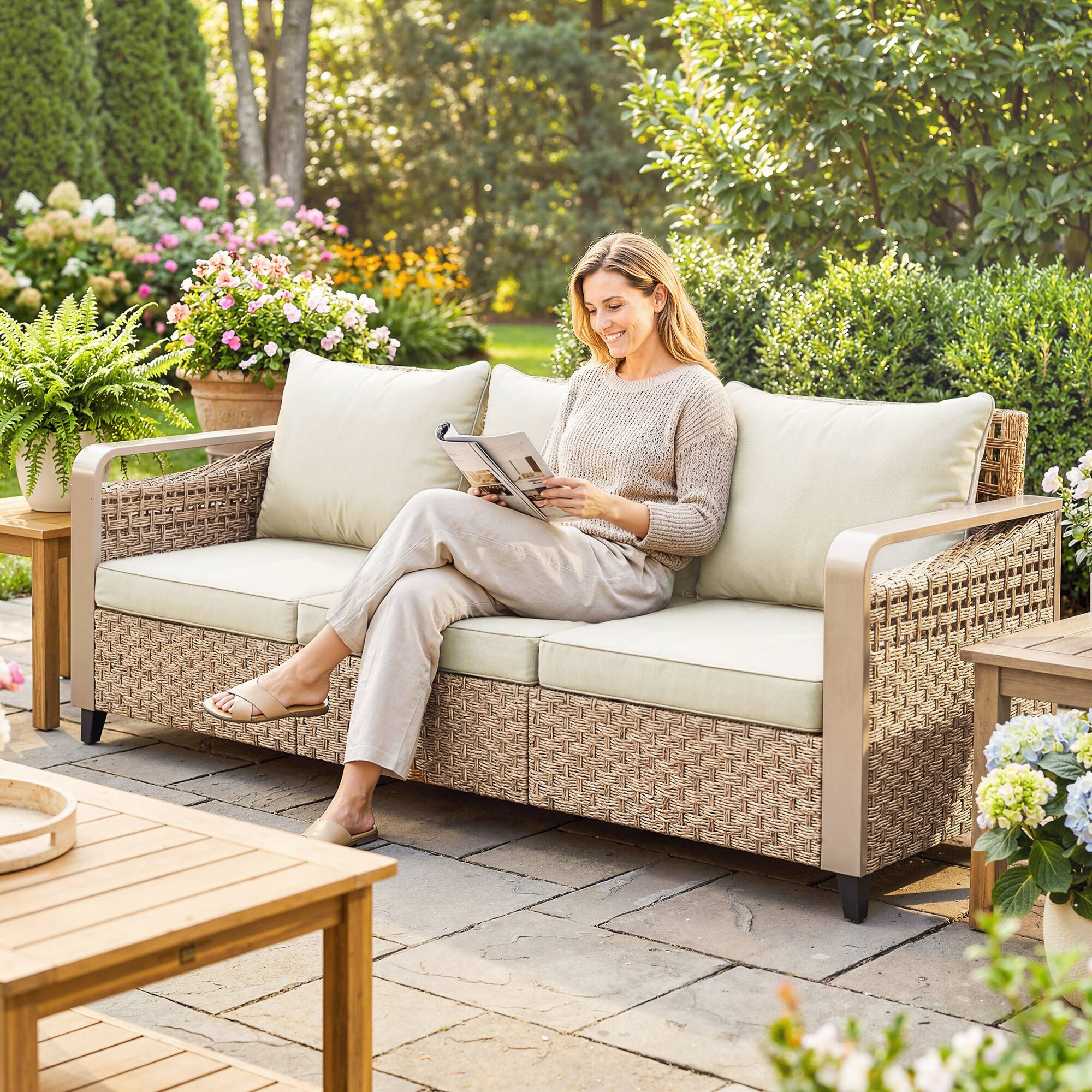 Alt View 1. Outsunny - Wicker Sofa 3-Seater Outdoor Patio Sofa with Cushions for Garden Backyard Porch - Beige.