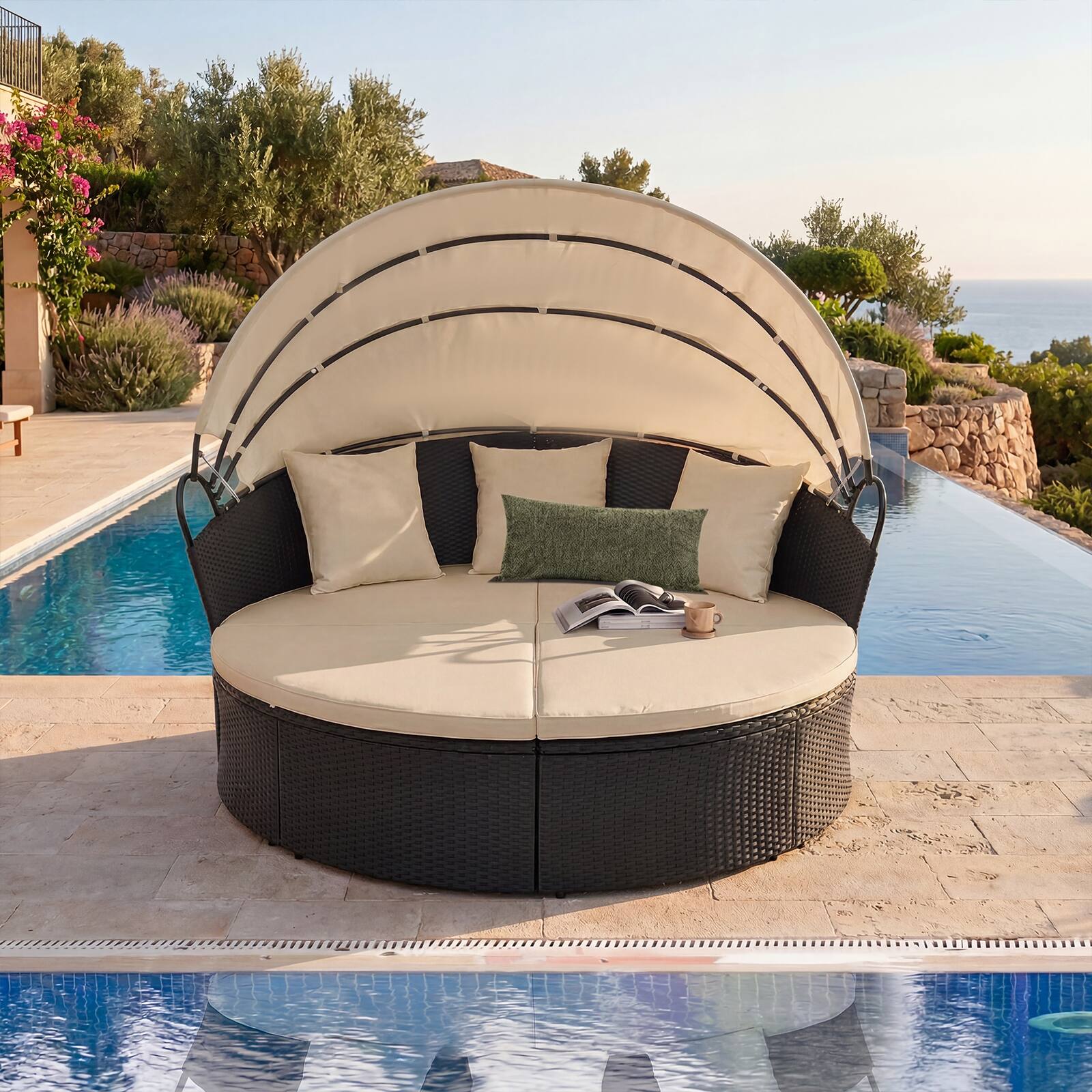 Alt View 3. Costway - Costway Outdoor Patio Round Daybed with Retractable Canopy Cushions Throw Pillows for Lawn - Black+Beige.