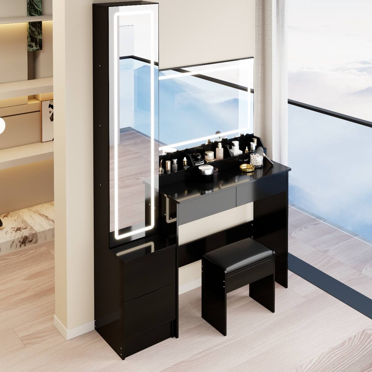 Alt View 8. Loheer - Loheer Extra Large LED Makeup Vanity with Full Body Mirror Cabinet and Cushioned Stool, Black - Black.
