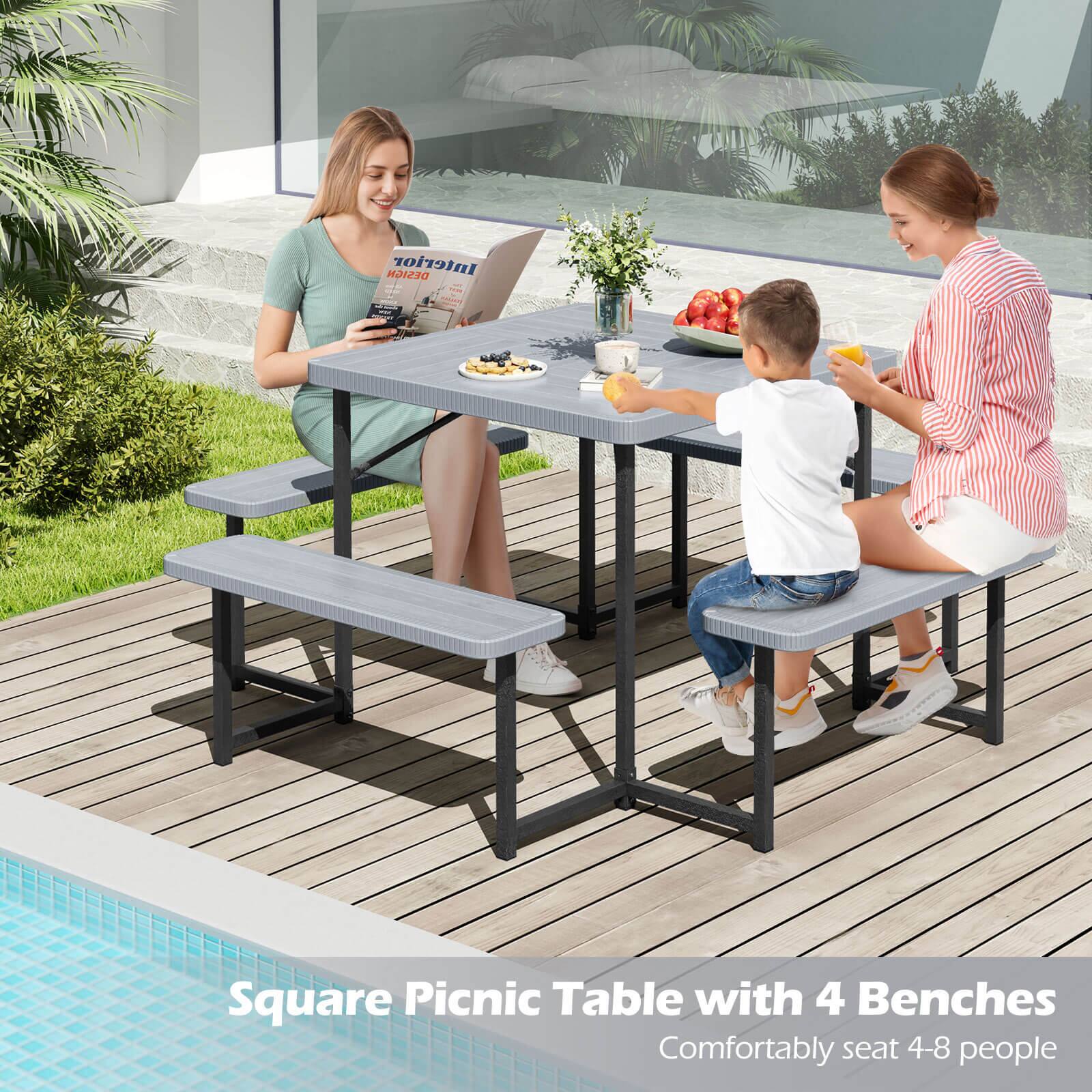Design Interior: Square Picnic Table with 4 Benches. Comfortably seats 4-8 people.