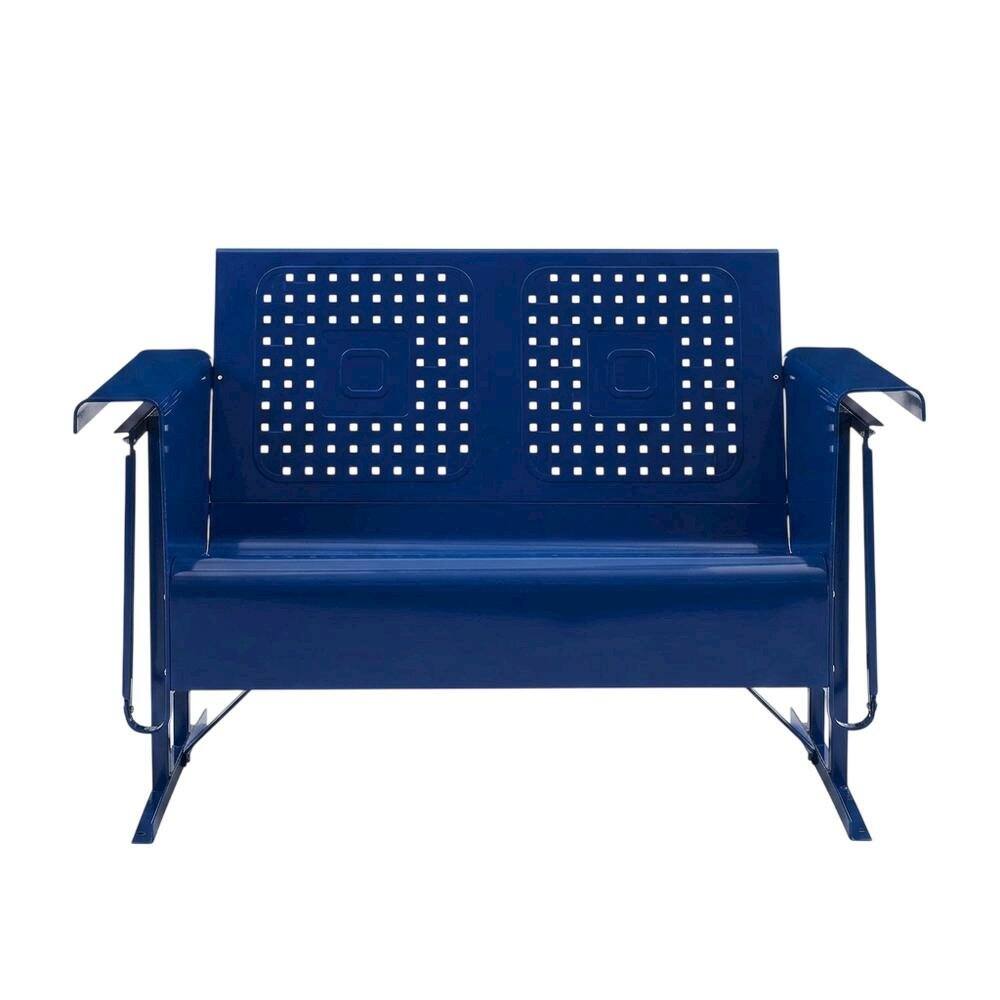 Left. Outdoor Escape - Navy Metal Patio Glider Bench – Outdoor Seating for Two with Retro Charm - Navy Gloss.