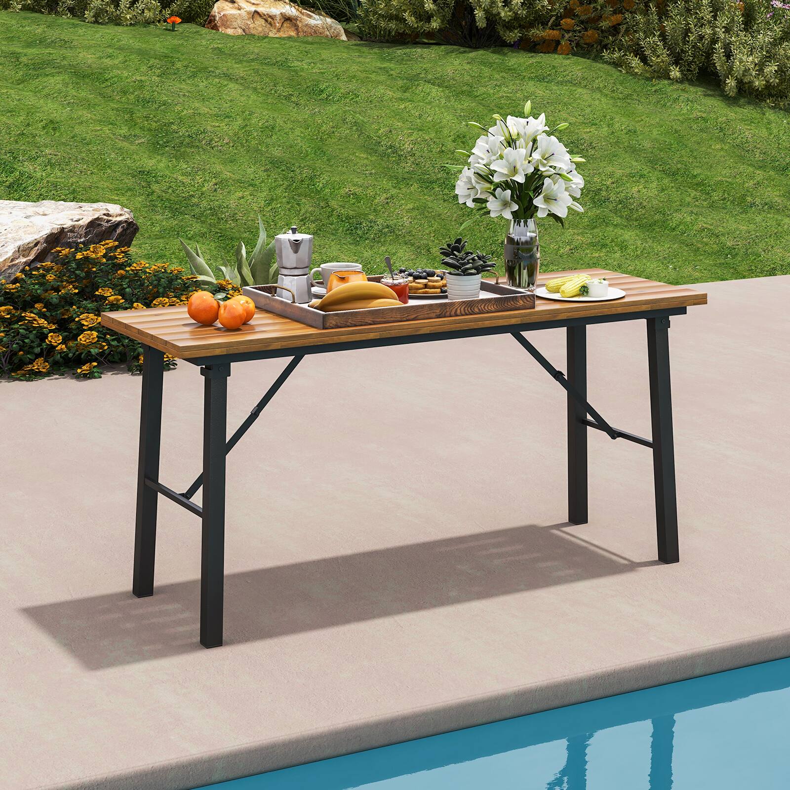 Angle. SlickBlue - Acacia Wood Folding Dining Table with Metal Frame for Picnics & Outdoor Activities - Natural.