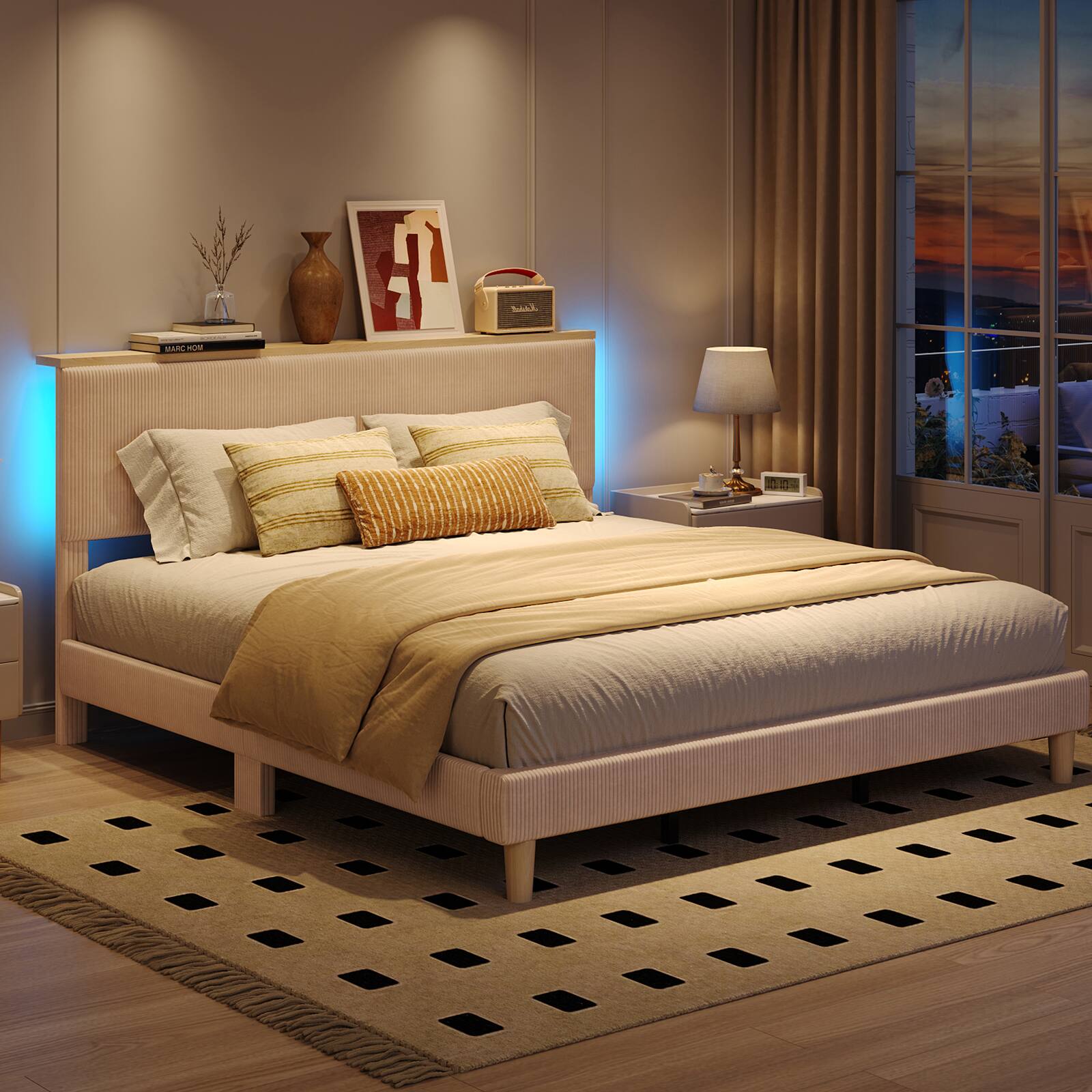 Back. Bestier - King Size Upholstered Platform Bed Frame with LED Lighting and Adjustable Storage Headboard for Bedroom - Taupe.
