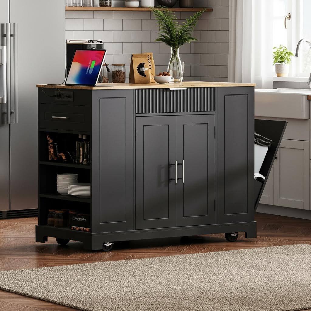 Left. Forest'nSky - Fluted Rolling Kitchen Island with Trash Can Cabinet, Power Outlet, 3 Drawers & Open Side Racks for 10-Gallon Bin, Black - Black.
