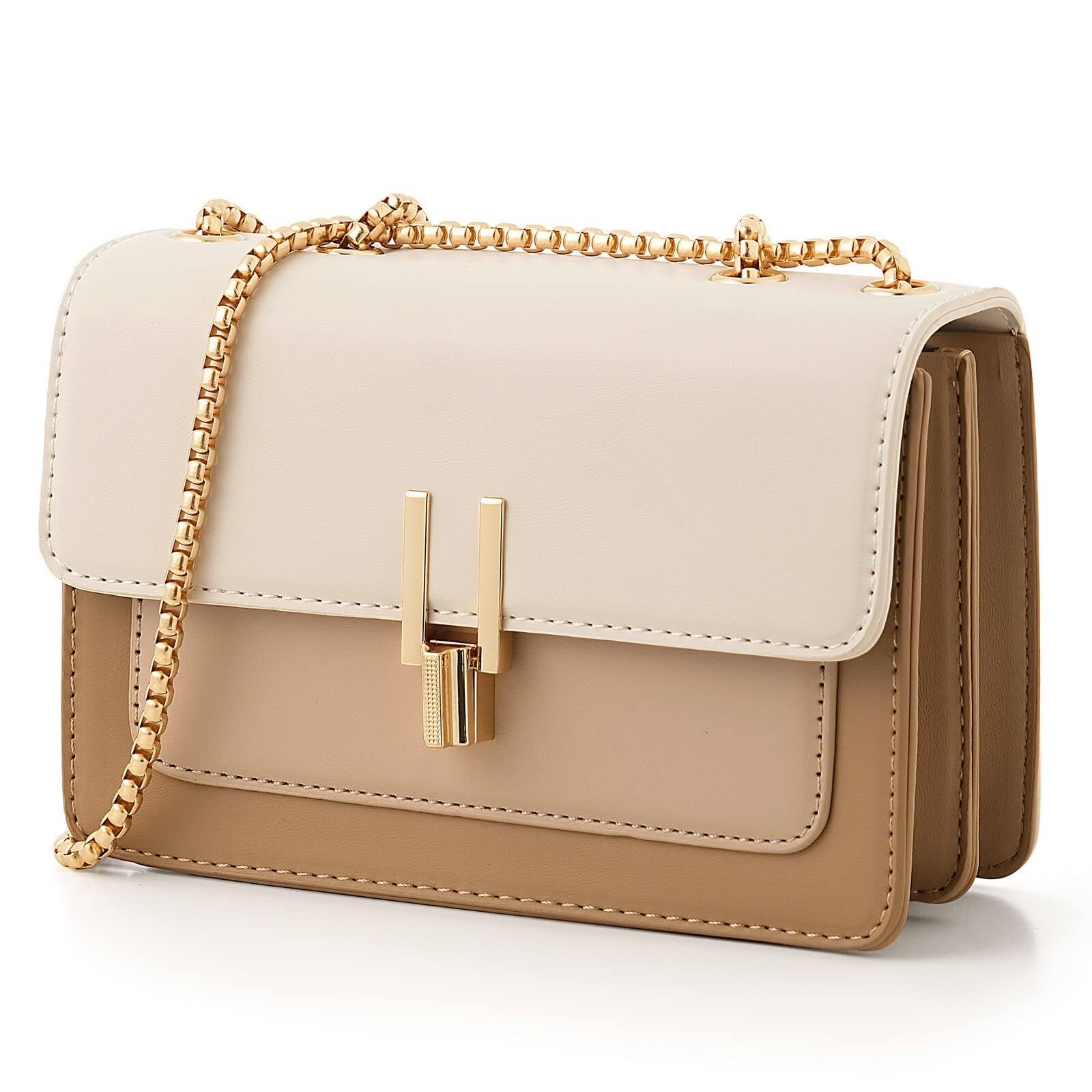 Front. Live At Space - Color-block Crossbody Bags For Women Leather Cross Body Purses Cute Designer Handbags Shoulder Bag Medium Size CLASSIC - #2 Beige.