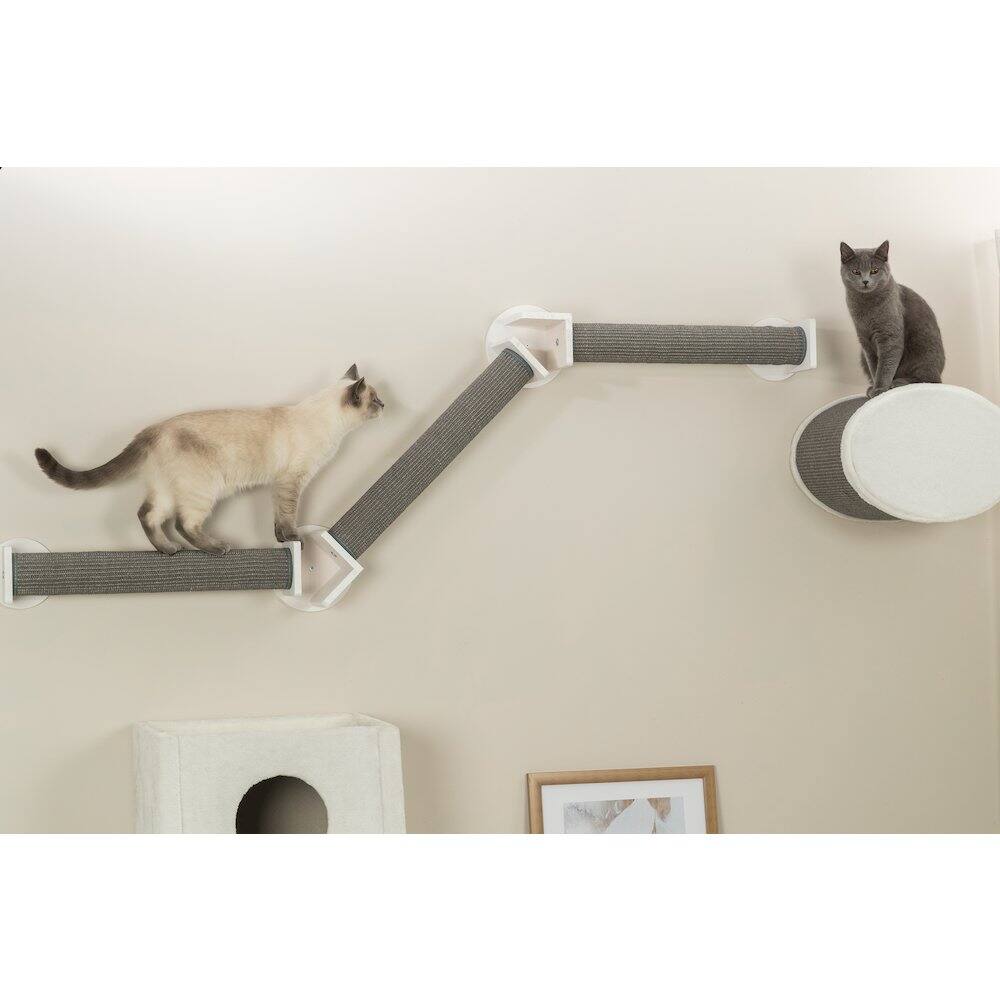 Left. TRIXIE - Wall Set 2 Multi-Level Wall Mounted Cat Perch System with 3 Scratching Posts - White/Gray.