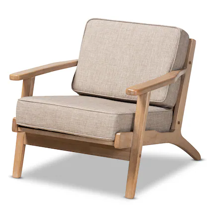 Front. Baxton Studio - Sigrid Mid-Century Modern Fabric Upholstered Antique Oak Finished Wood Armchair - Light Grey/Antique Oak.