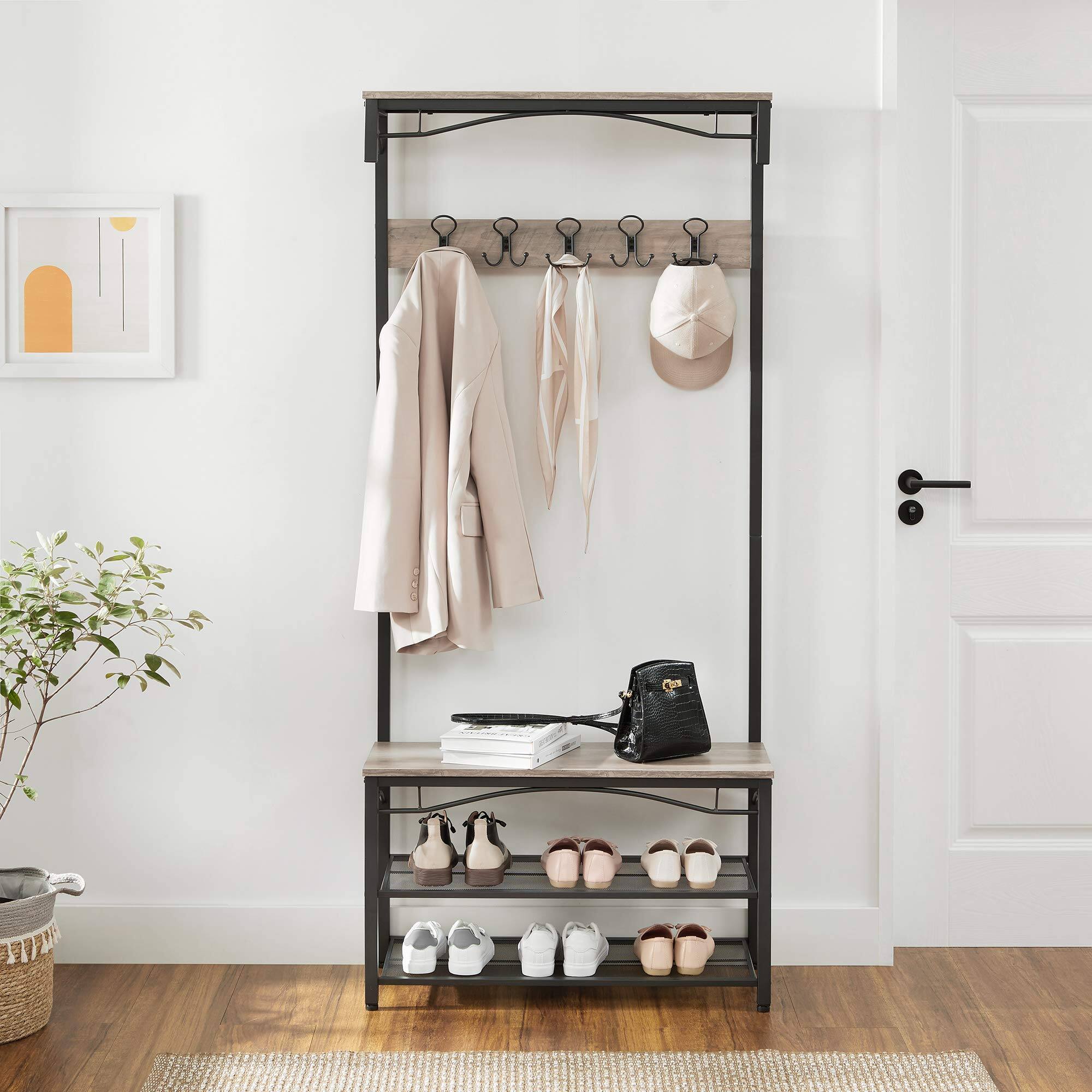 Left. Songmics Home - 3-in-1 Hall Tree Coat Rack with Storage Shelves Industrial Style Greige - Brown.