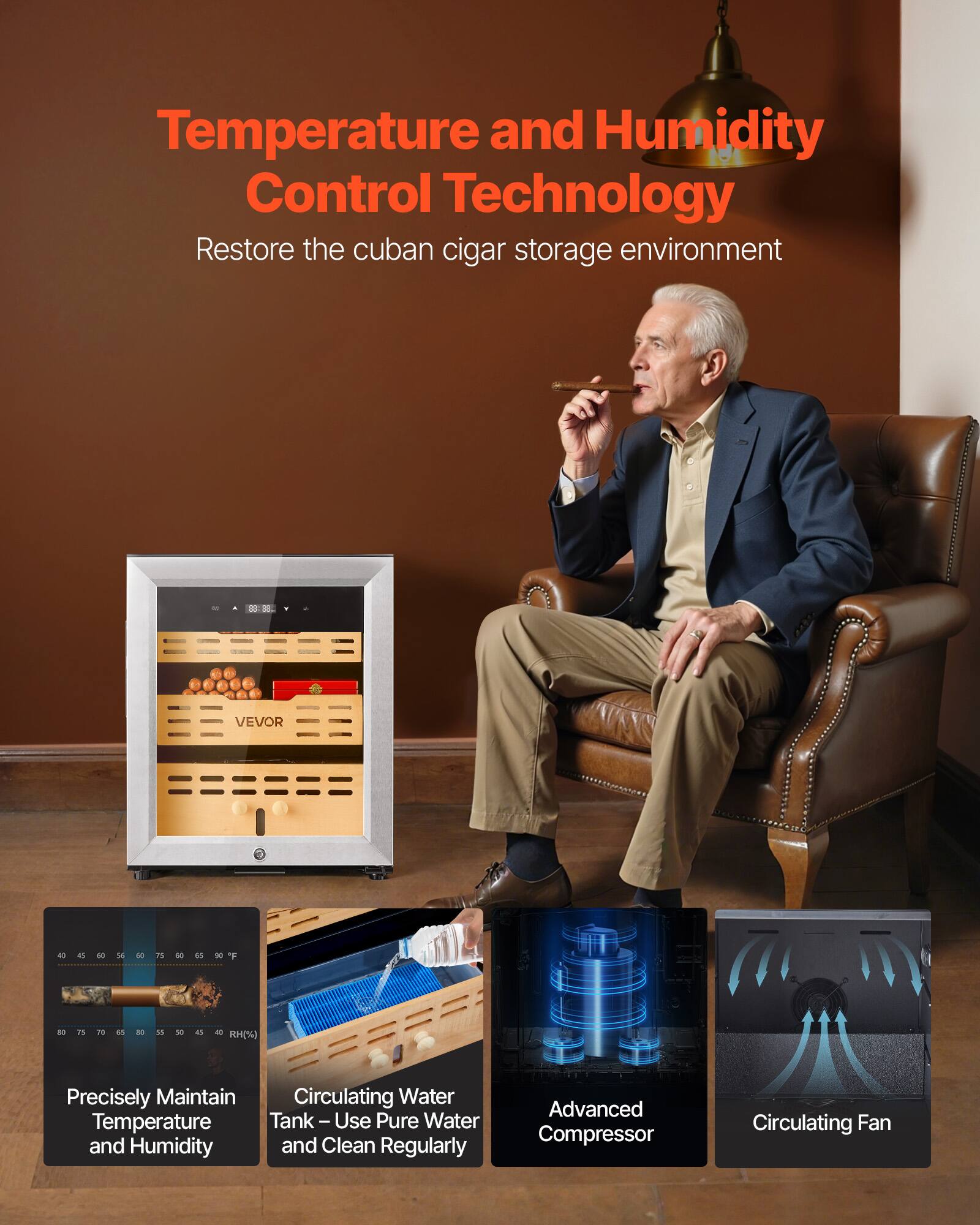 Temperature and Humidity Control Technology  
Restore the Cuban cigar storage environment  

Precisely Maintain Temperature and Humidity  
Circulating Water Tank – Use Pure Water and Clean Regularly  
Advanced Compressor  
Circulating Fan