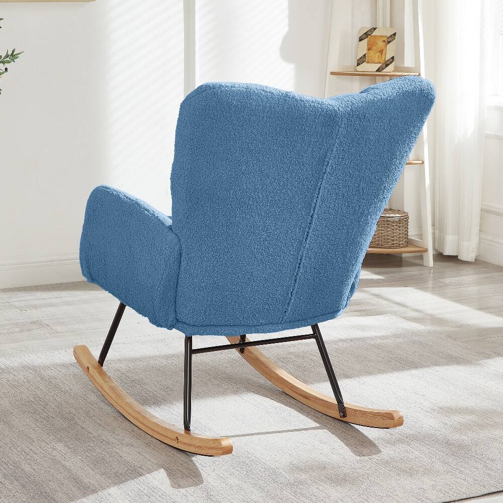Back. Loheer - Loheer Blue Tufted Upholstered Teddy Fabric Rocking Chair Metal Frame Glider Chair for Living Room - Blue.