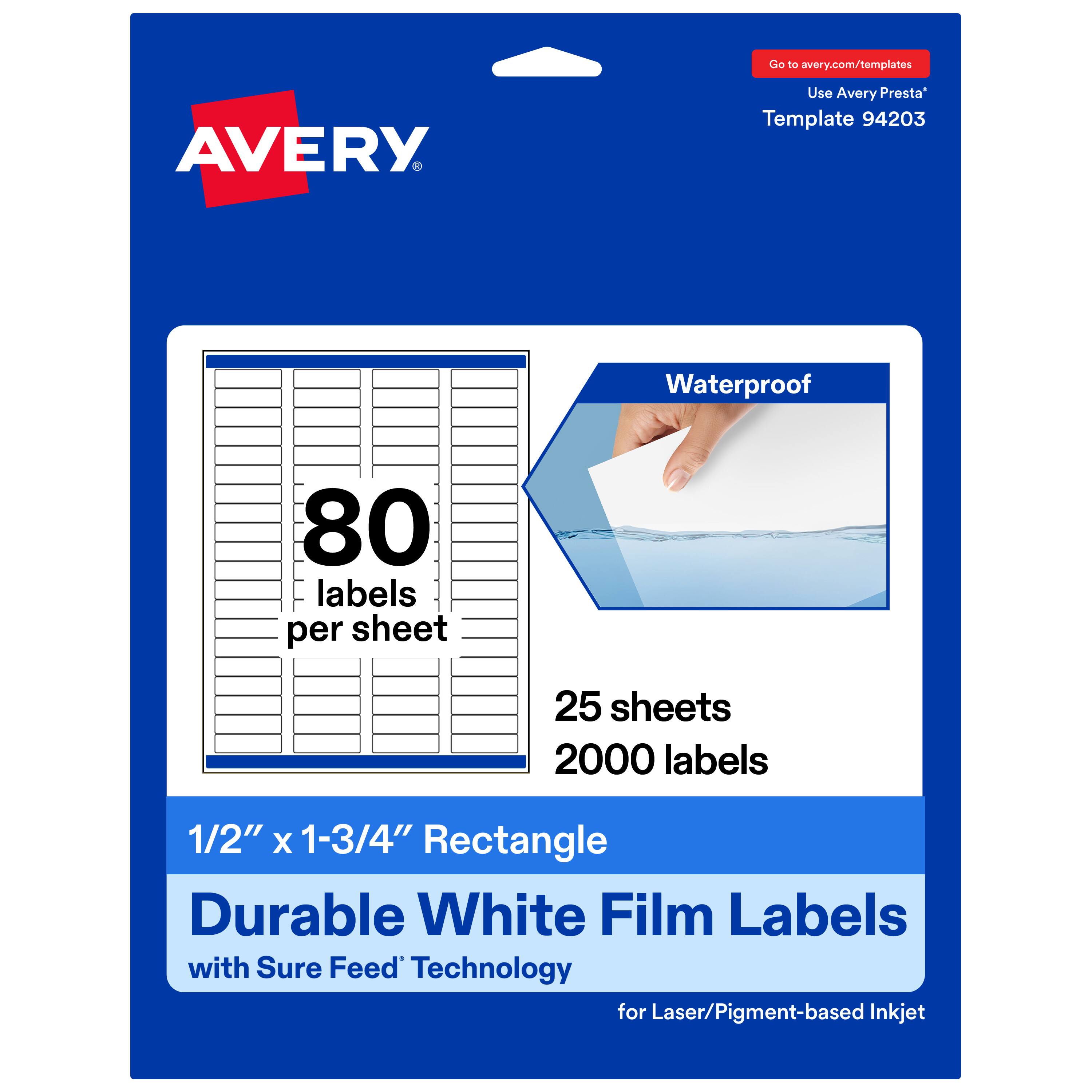 Go to avery.com/templates  
Use Avery Presta™ Template 94203  

Waterproof  
80 labels per sheet  
25 sheets  
2000 labels  

1/2" x 1-3/4" Rectangle  
Durable White Film Labels with Sure Feed™ Technology for Laser/Pigment-based Inkjet